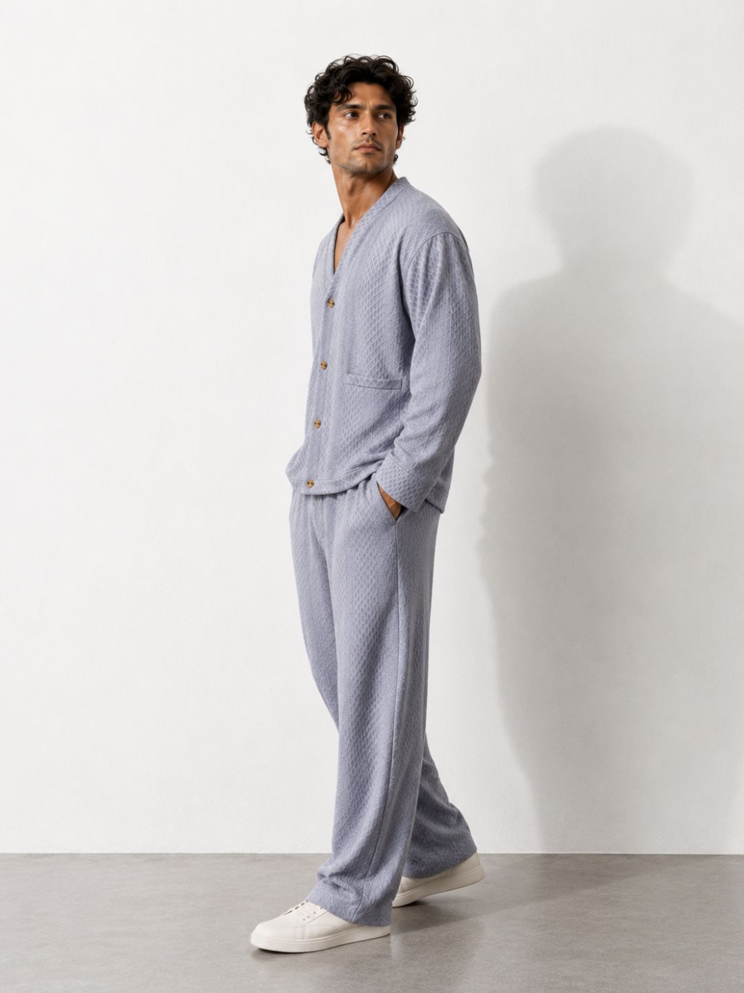 Grey Textured Oversized Full Sleeve Cardigan/Shawl Neck Tee & Trackpant Co-ord Set