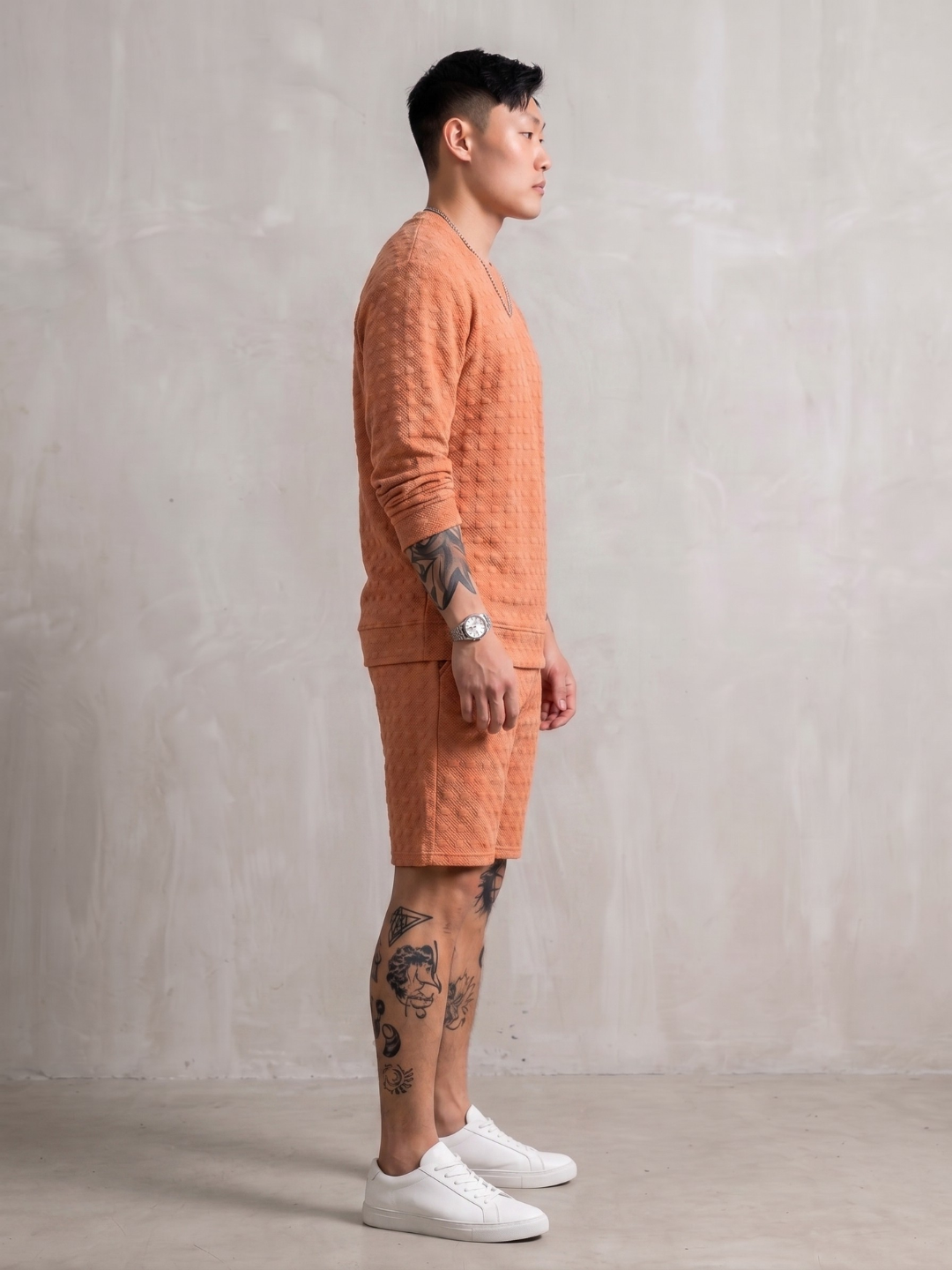 Unisex Brown Textured Relaxed Fit Full Sleeve T-Shirt & Shorts Co-ord Set
