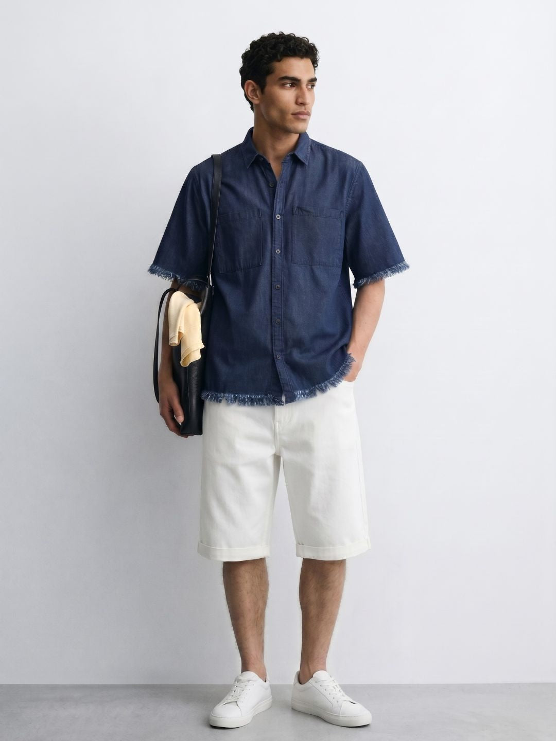 Navy Denim Raw Edge Oversized Box-Fit Spread Collar Half Sleeve Shirt