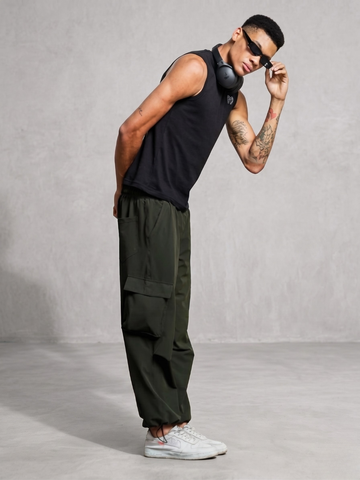 Olive Baggy Fit  Parachute Cargo Trousers