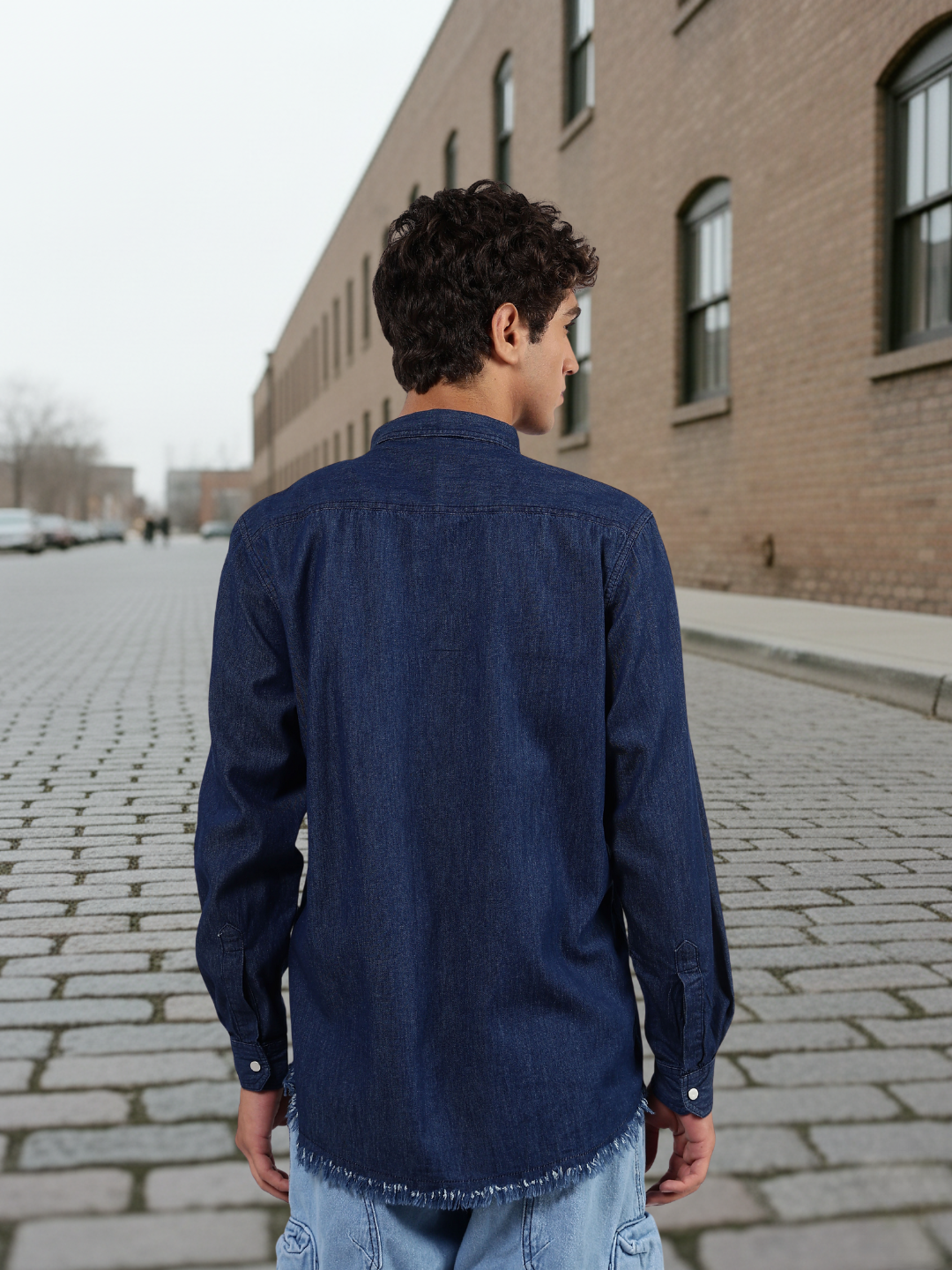 Navy Blue Raw Edge Oversized Relaxed Fit Spread Collar Premium Denim Shirt