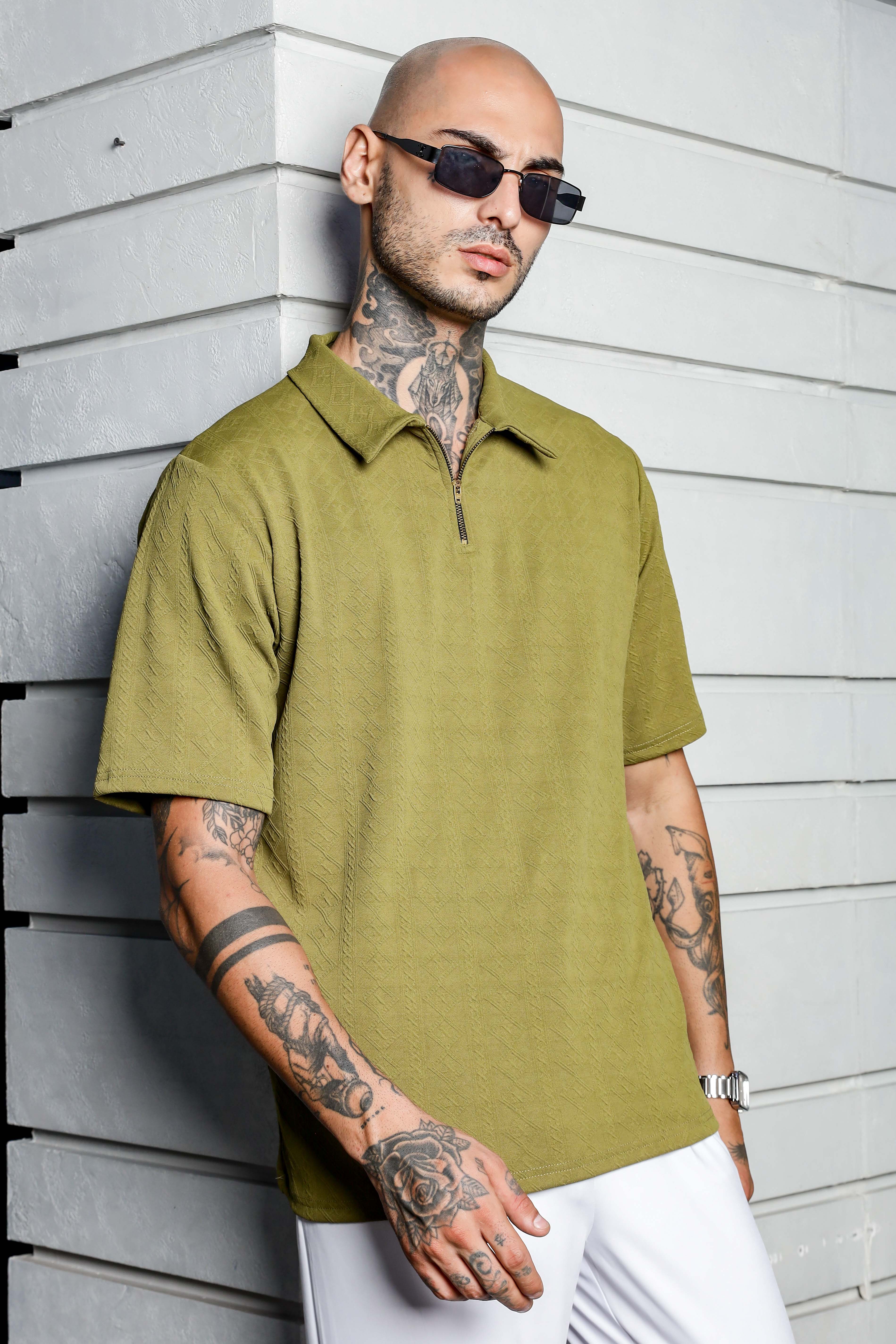 Unisex Olive Textured Oversized Polo Neck Tee & Track-pant Co-ord Set