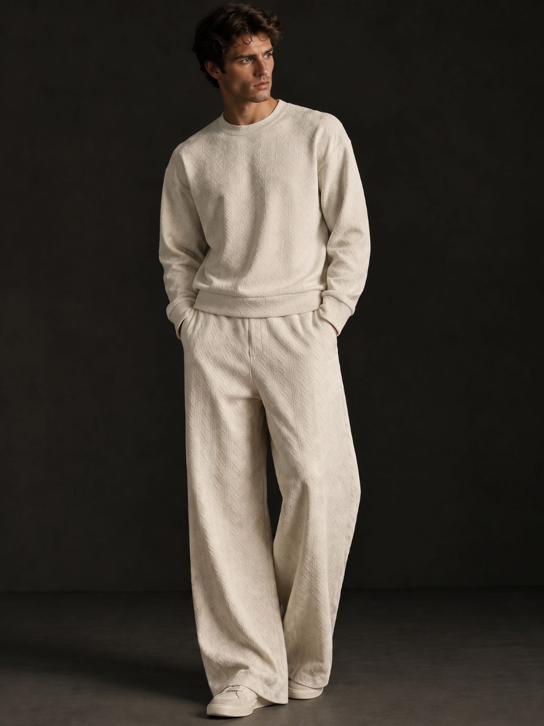 Off-White Textured Oversized Full Sleeve Sweatshirt & Trackpant Co-ord Set