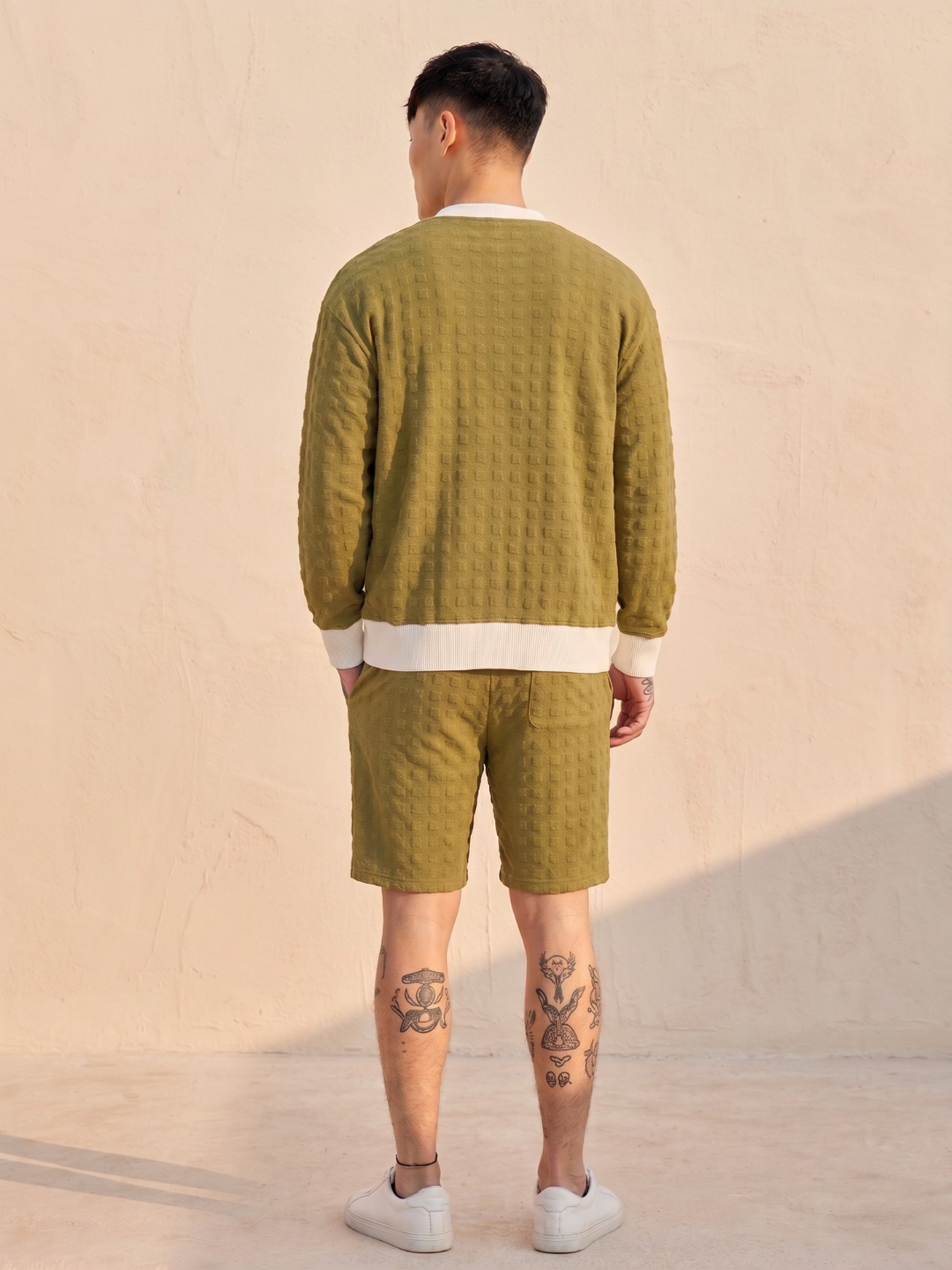 Unisex Olive Textured Cardigan Style T-Shirt & Shorts Co-ord Set