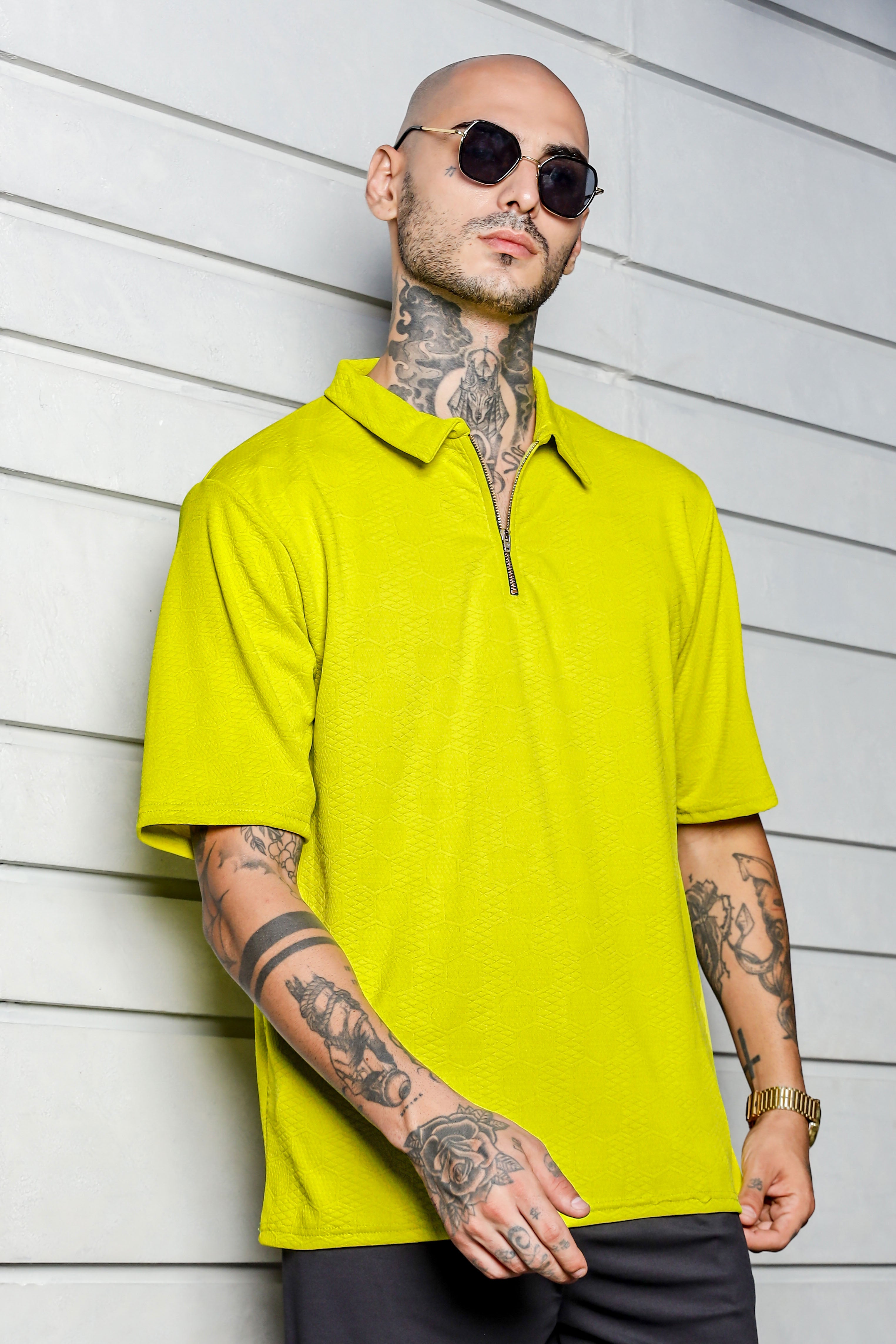 Unisex Lime Green Textured Oversized Polo Neck Tee & Shorts Co-ord Set