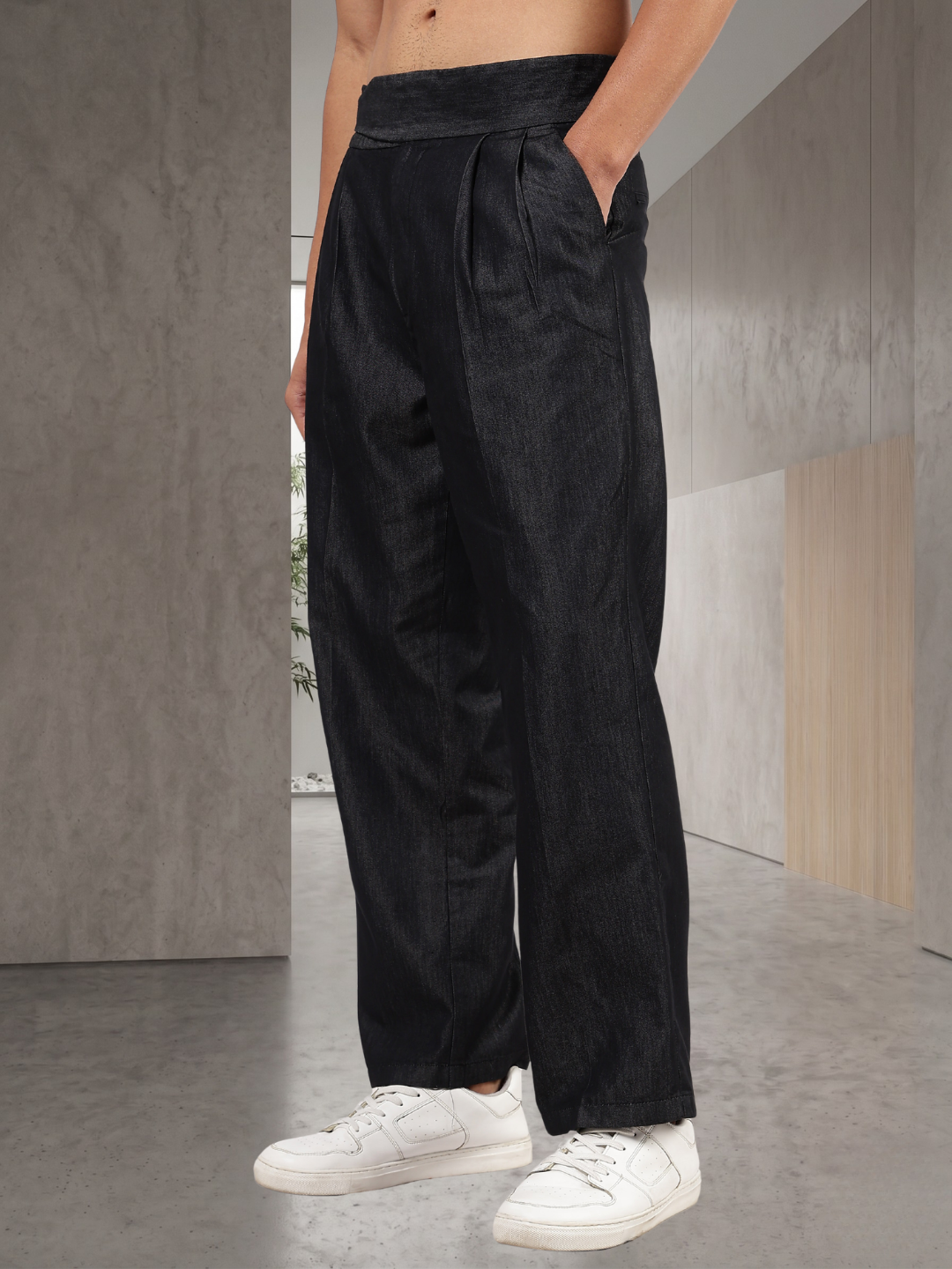 Black Premium Denim Gurkha Trousers with Double Pleated Front