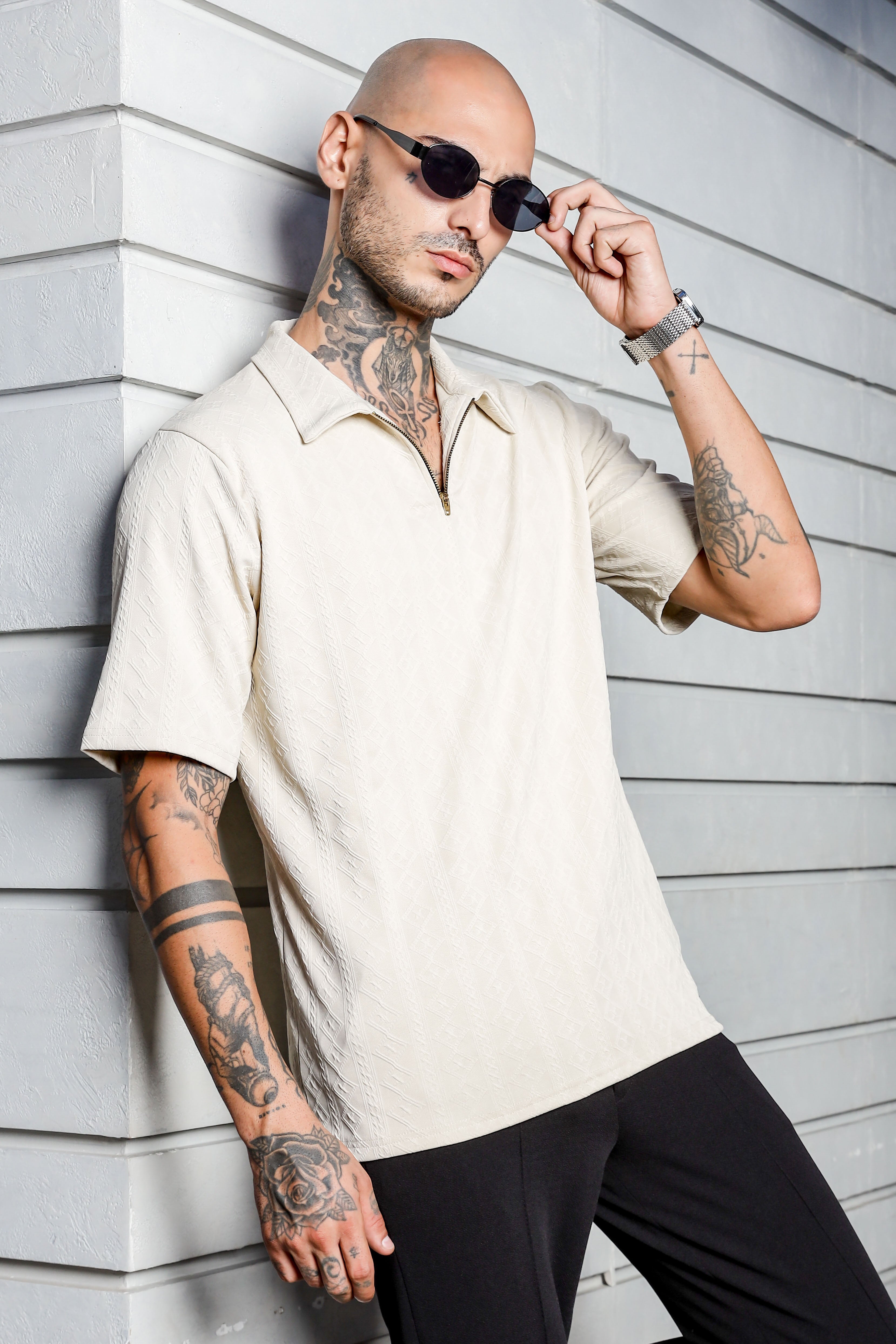 Unisex White Textured Oversized Polo Neck Tee & Trackpant Co-ord Set