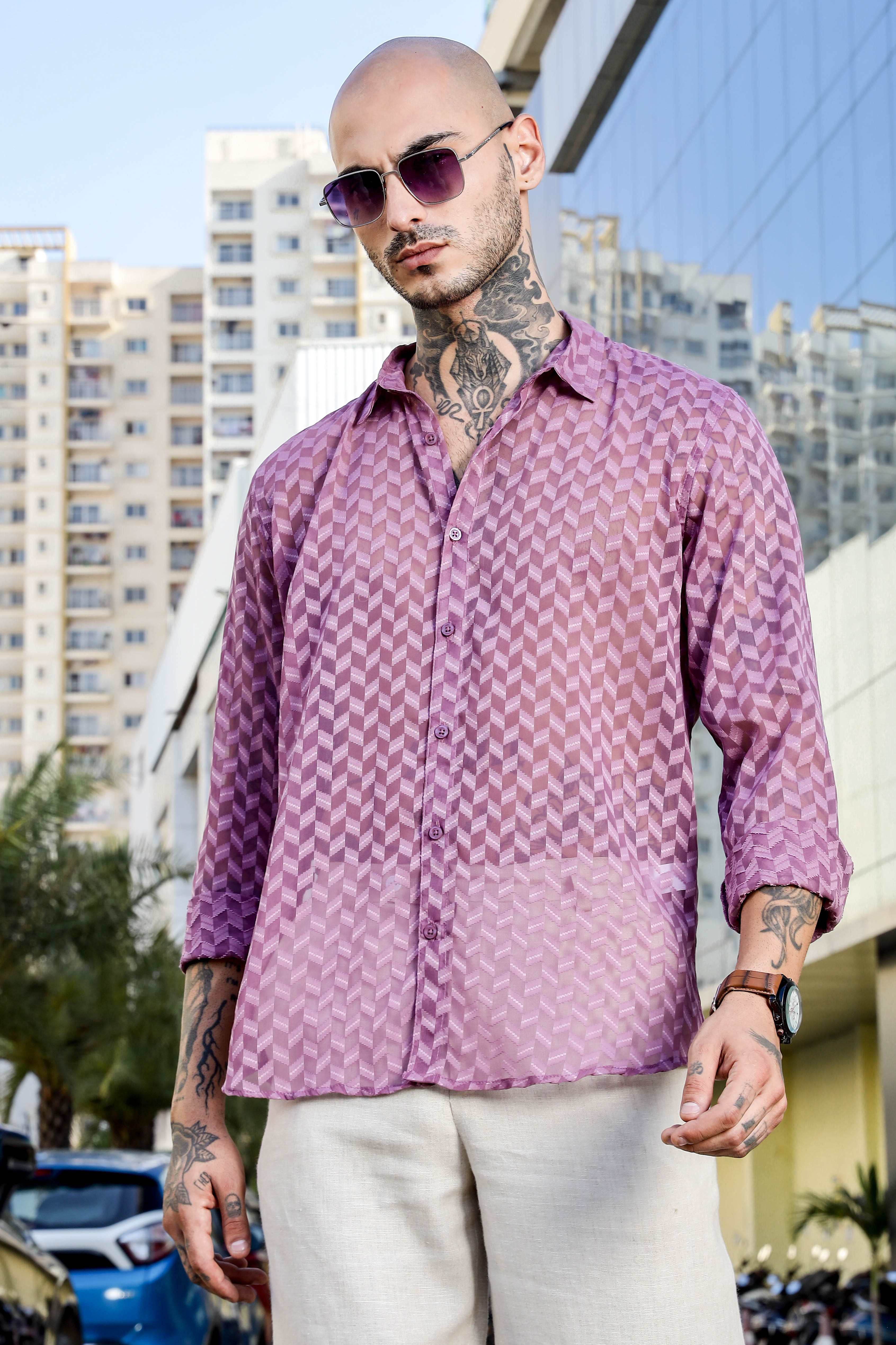 Lavender Classic Semi Sheer Georgette Relaxed Fit Shirt