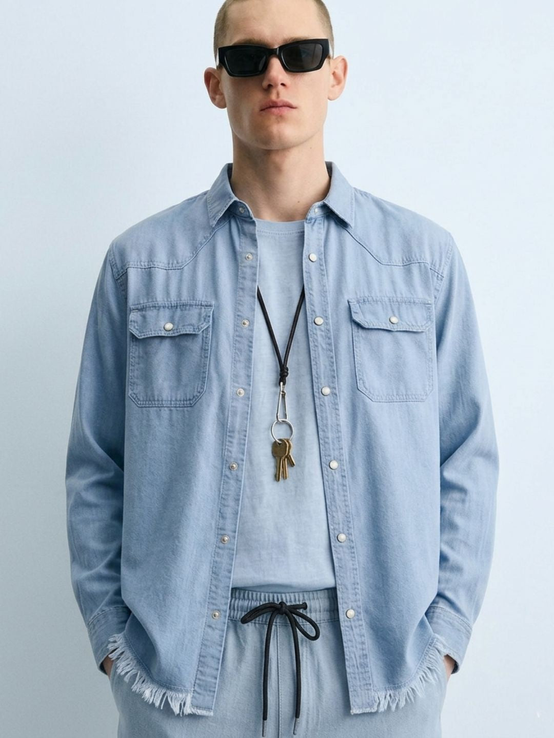 Denim Co-ord Set Light Blue Parachute Baggy Denim Pant & Full Shirt Relaxed Fit