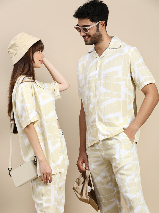 Unisex Cubano Beige Printed Relaxed Fit Resort Shirt