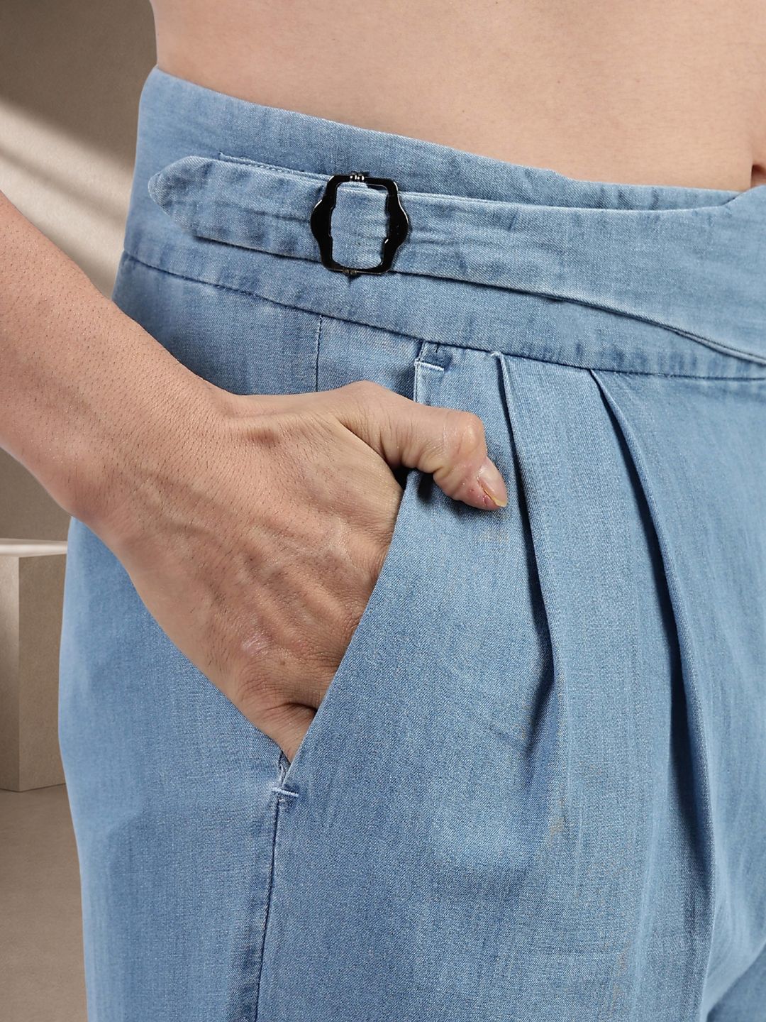 Blue Denim Baggy Fit Gurkha Trousers with Double Pleated Front