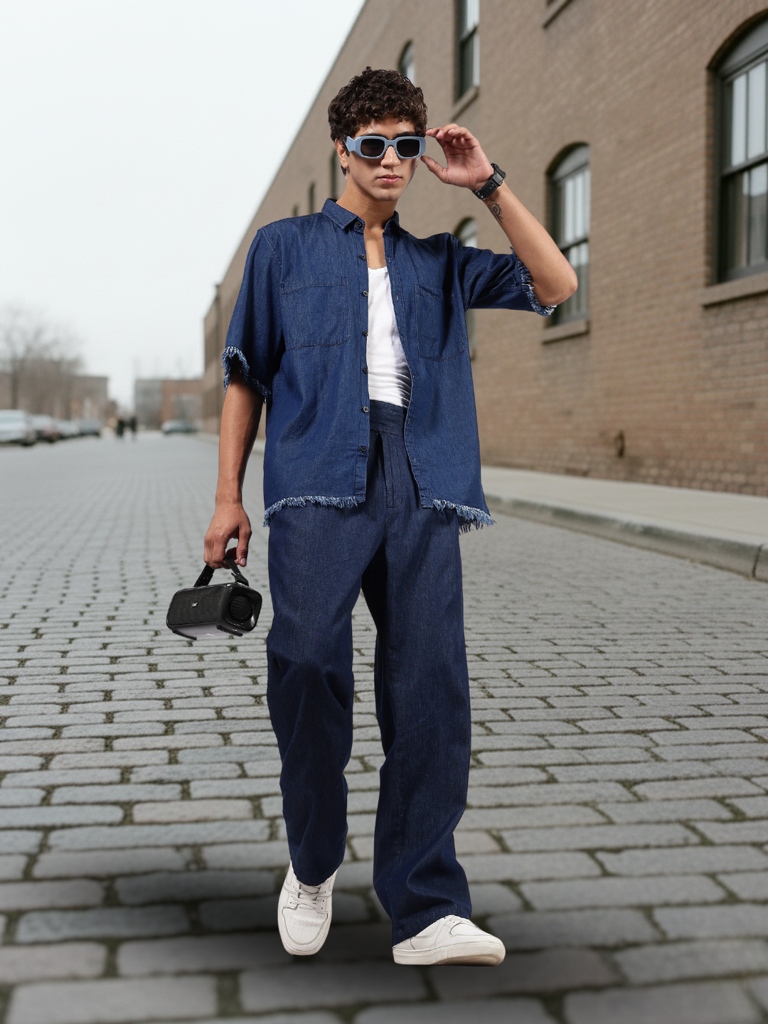 Co-Ord Set Navy Blue Premium Denim Gurkha Pant & Half Sleeve Shirt Relaxed Fit