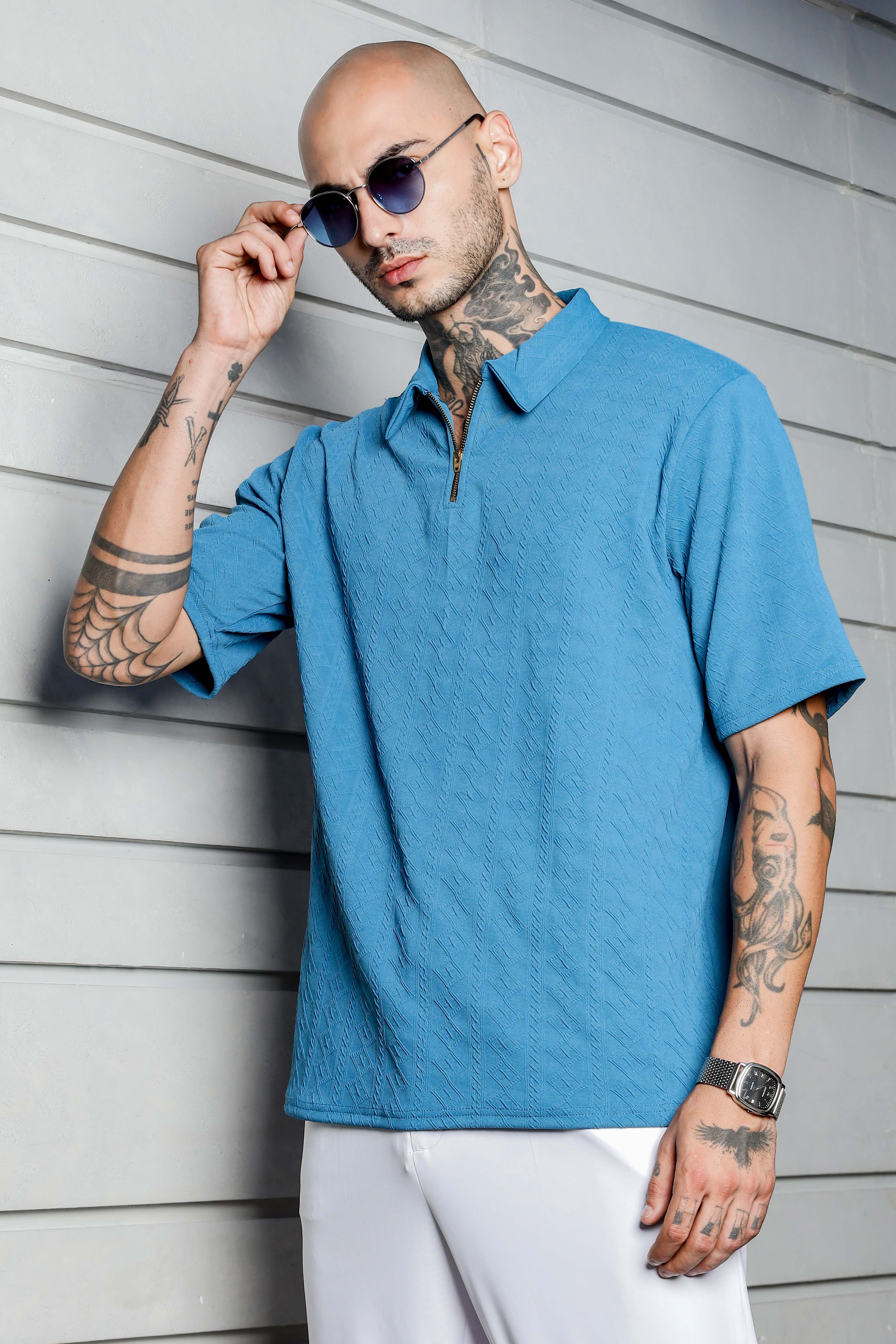 Unisex Blue Textured Oversized Polo Neck Tee & Shorts Co-ord Set