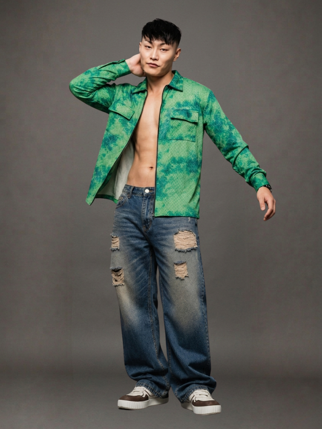 Grey & Green Abstract Printed Drop-Shoulder Relaxed Fit Shirt Zipper Shirt