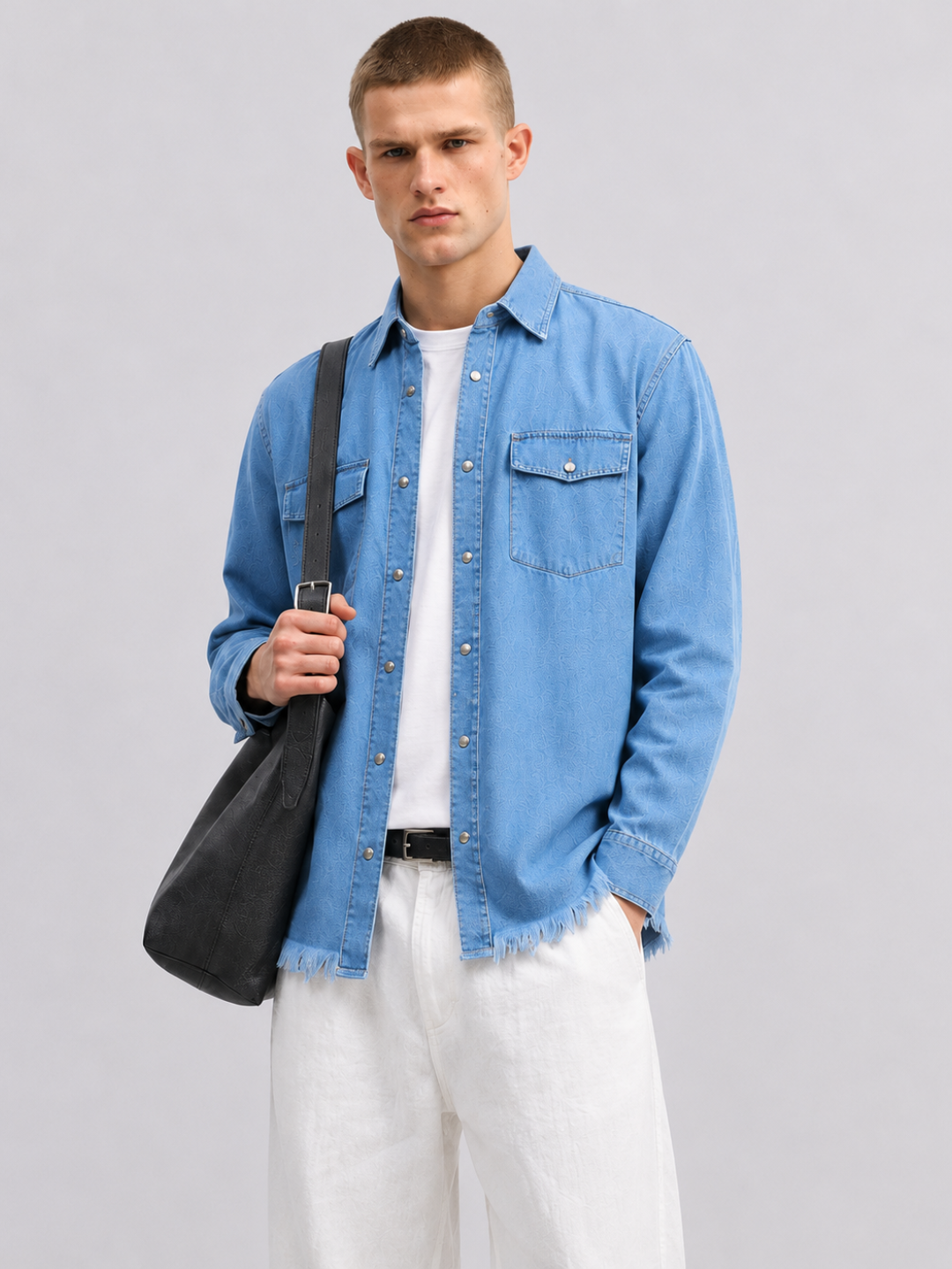 Blue Denim Raw Edge Oversized Relaxed Fit Spread Collar Premium Shirt