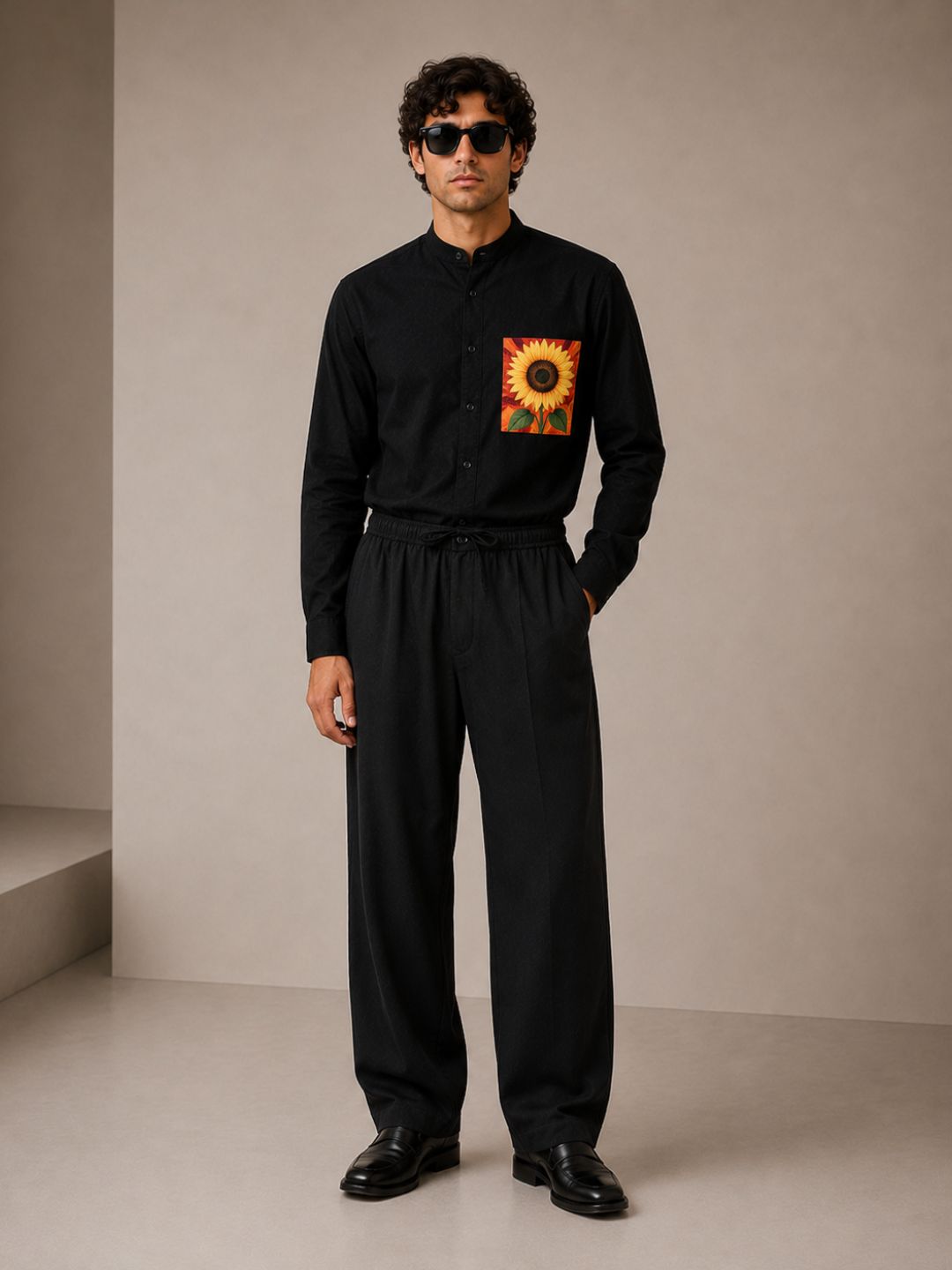 Black Premium Cotton Casual Relaxed Fit Mandarin Collar Shirt & All Day Pants Co-Ord Set