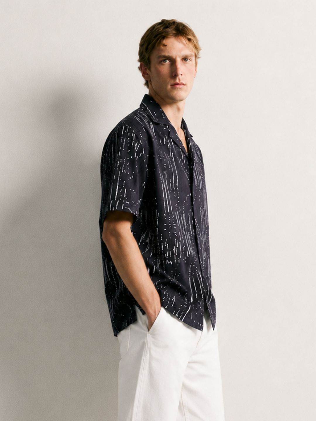 Black Abstract Printed Cuban Collar Relaxed Fit Resort Shirt