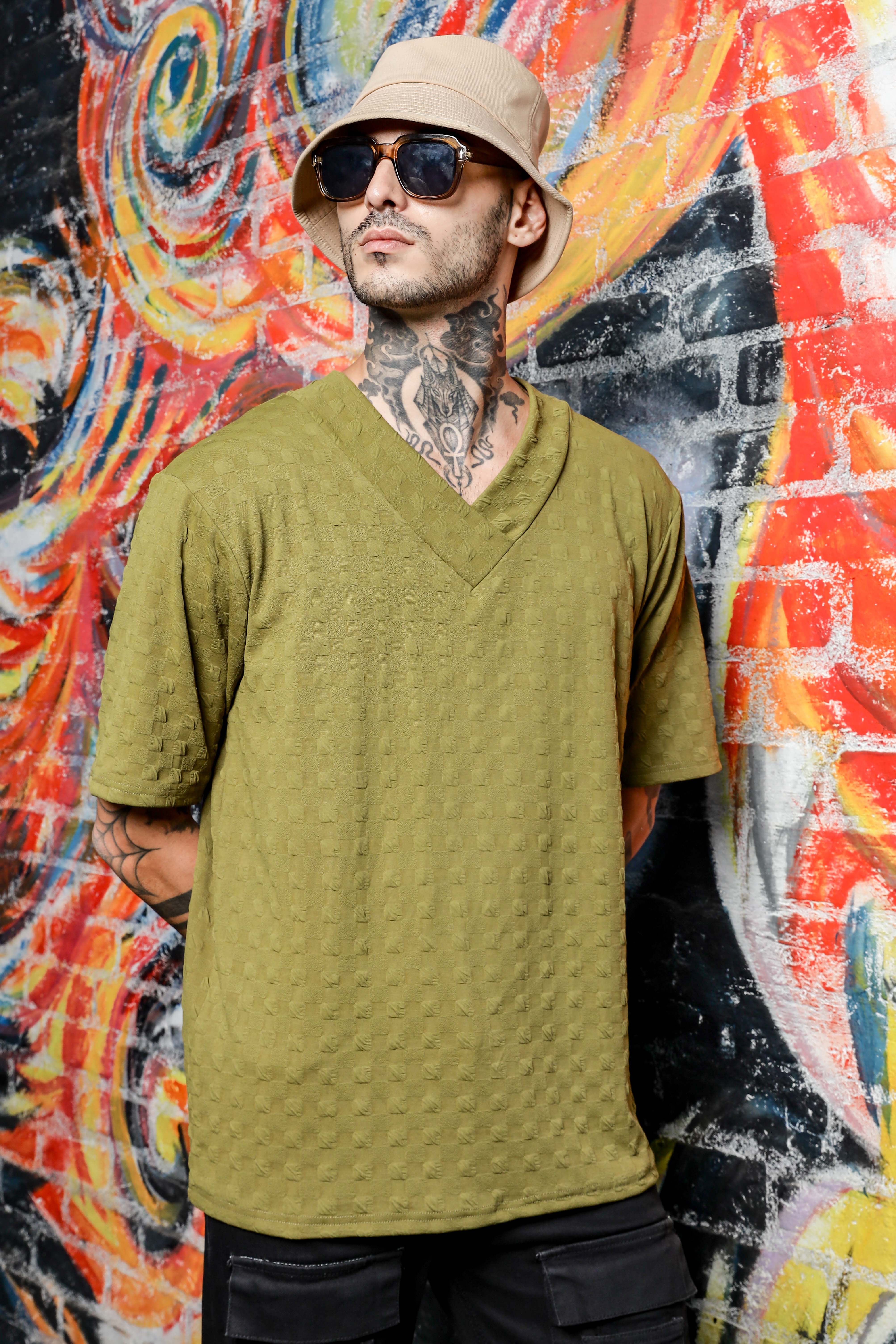 Unisex olive Textured V-Neck Oversized T-shirt