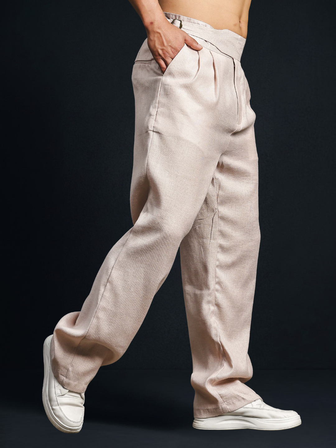 Champagne Pink Solid Linen Blend Gurkha Trousers with Double Pleated Front