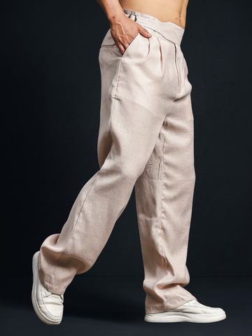 Champagne Pink Solid Linen Blend Gurkha Trousers with Double Pleated Front