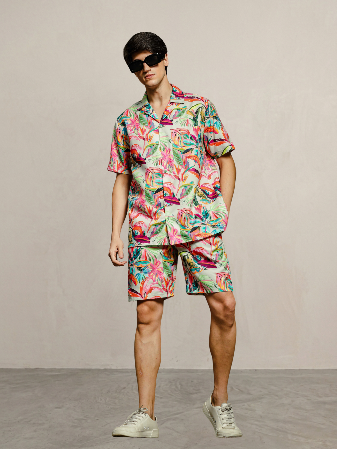Unisex Beige Tropical Abstract Printed Co-ord Set