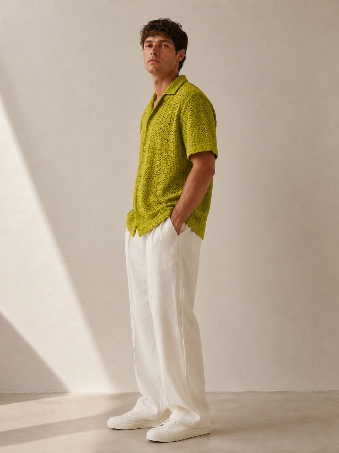 Lime Green Relaxed Fit Pure Cotton Crochet Resort Shirt