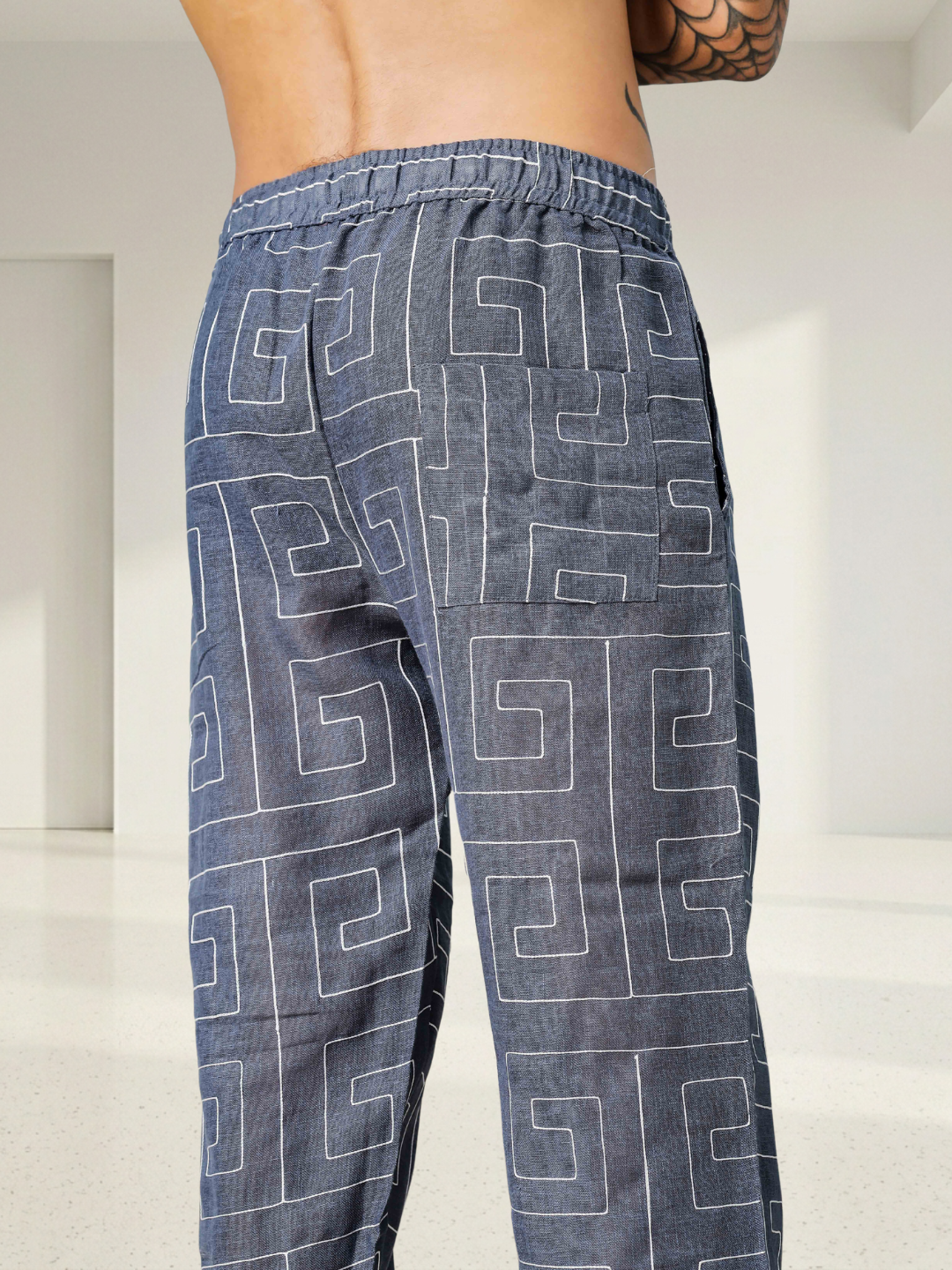 Blue Linen Blend Embroidered Relaxed Fit All Day Pants