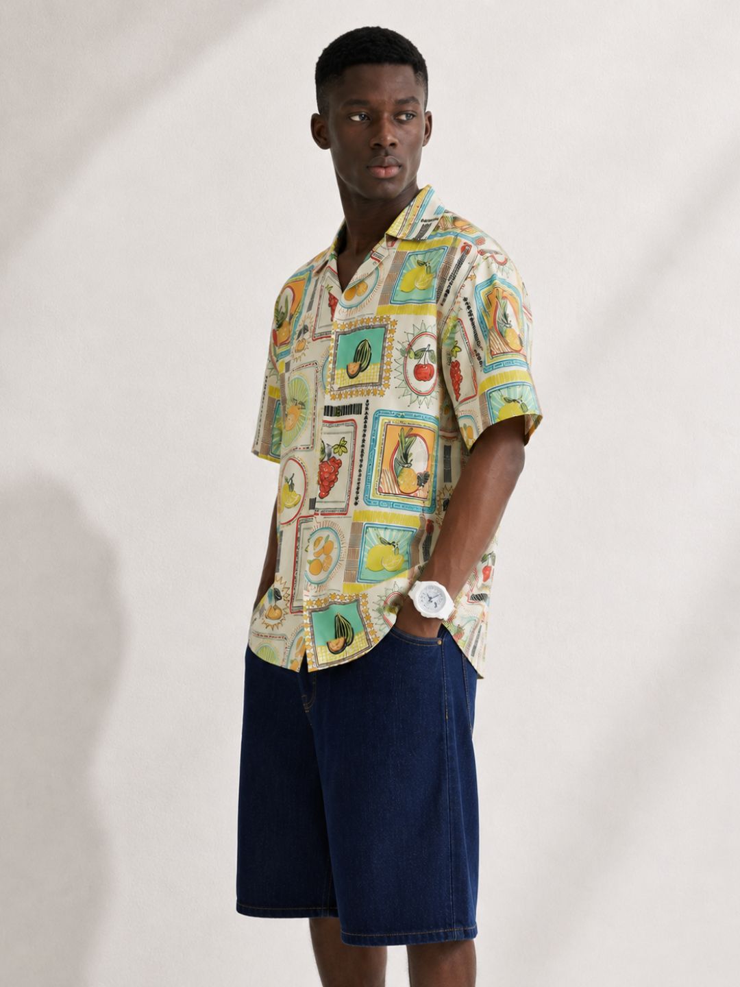 Beige Quirk Tropical Printed  Classic Relaxed Fit Resort Shirt