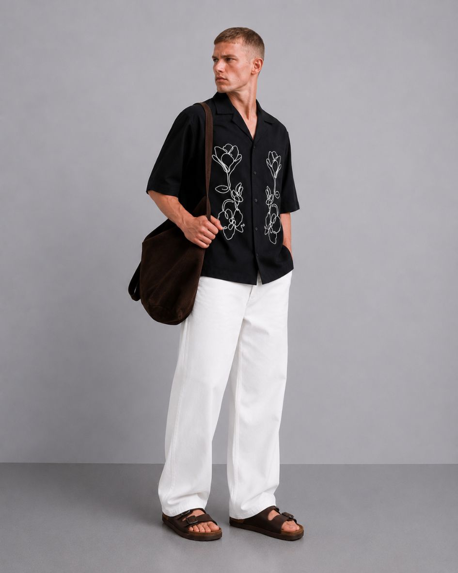 Black Embroidered Relaxed Fit Oversized Half Sleeve Casual Resort Shirt