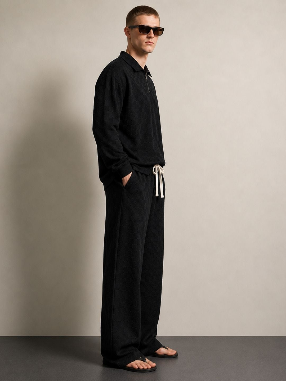 Black Textured Oversized Full Sleeve Polo Neck Tee & Trackpant Co-ord Set