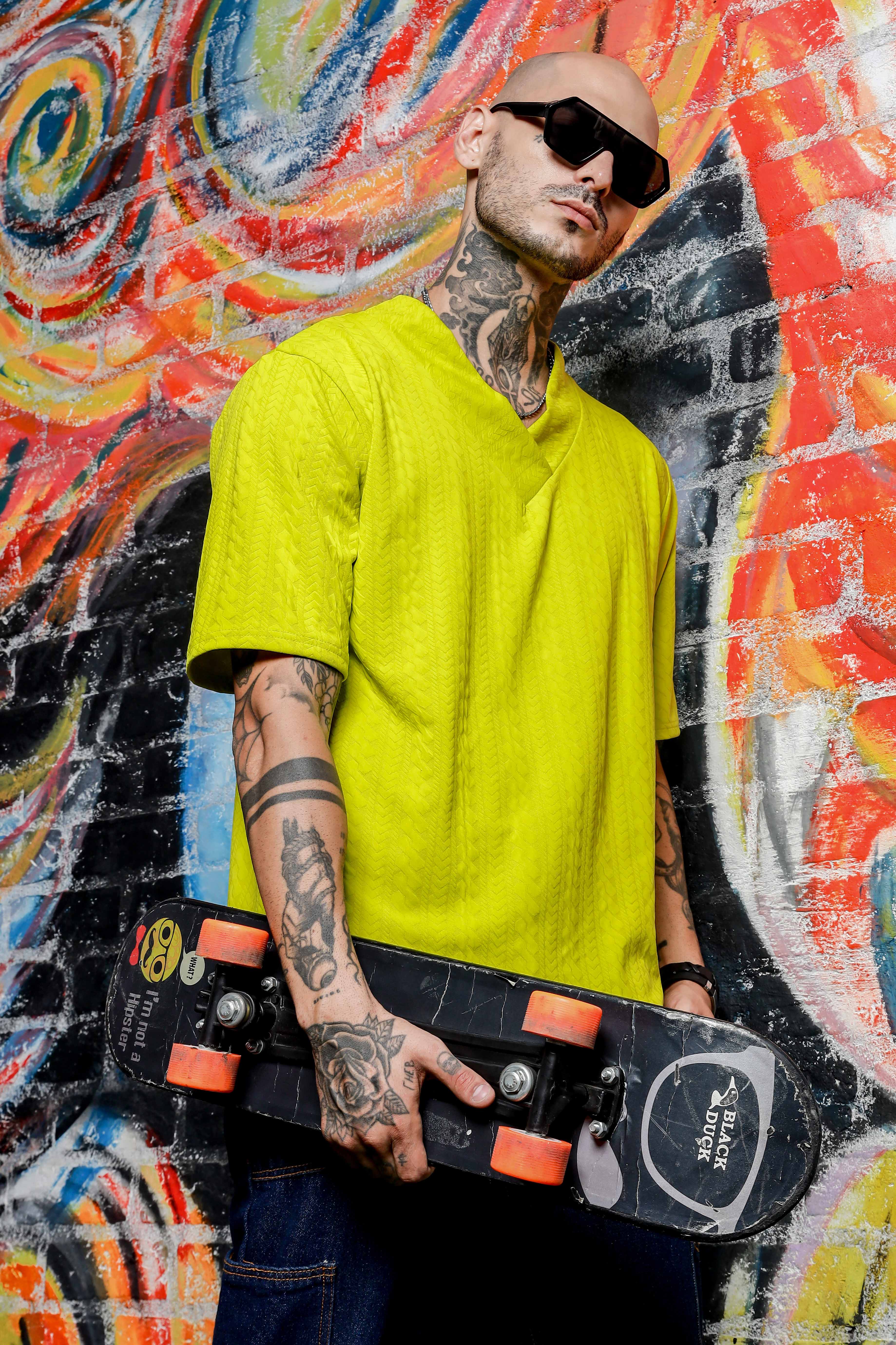 Unisex Lime Green Textured V-Neck Oversized T-shirt
