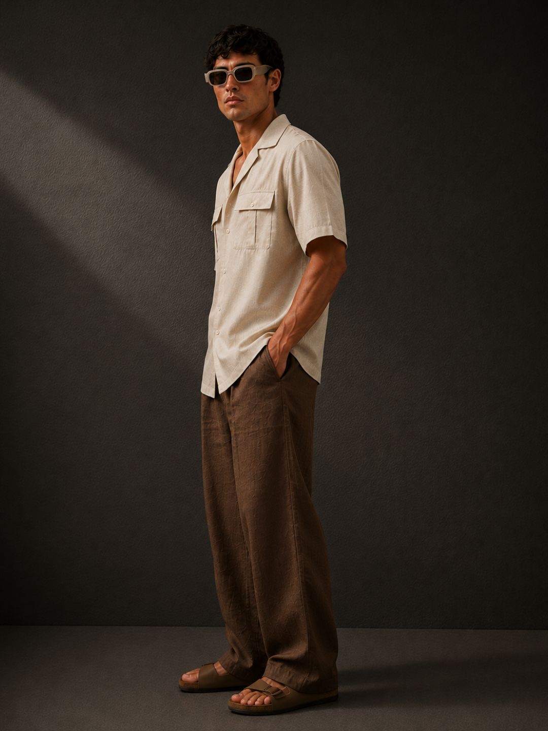 Linen Blend Beige Cuban Collar Classic Relaxed Fit Shirt