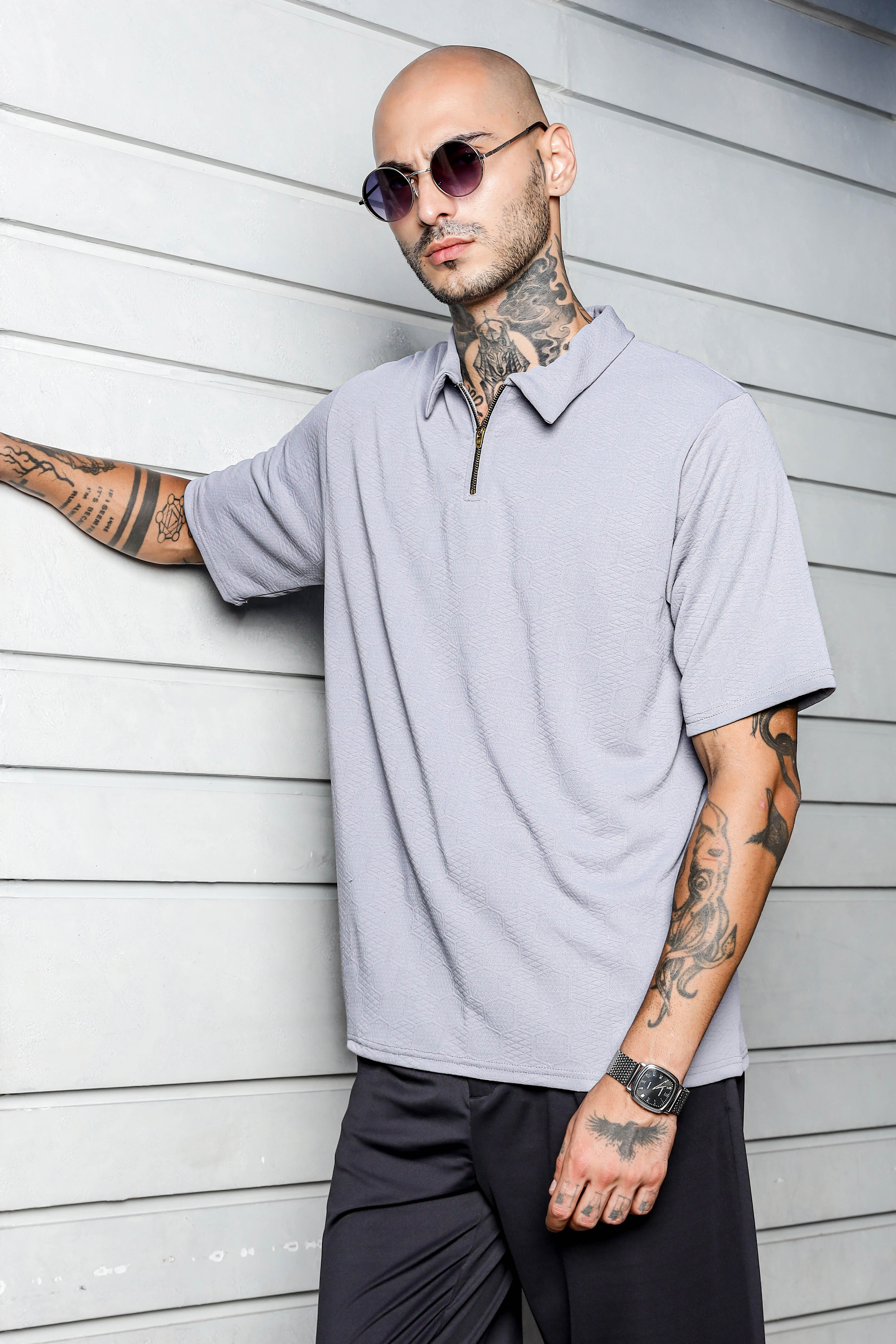 Unisex Grey Textured Oversized Polo Neck Tee & Shorts Co-ord Set