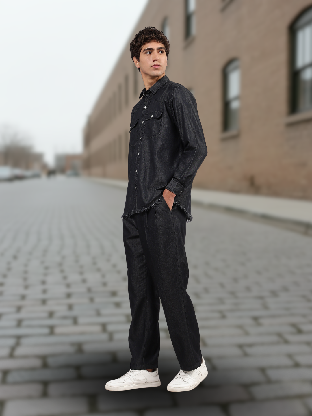 Co-ord Set Black Premium Denim Gurkha Pant & Full Shirt Relaxed Fit