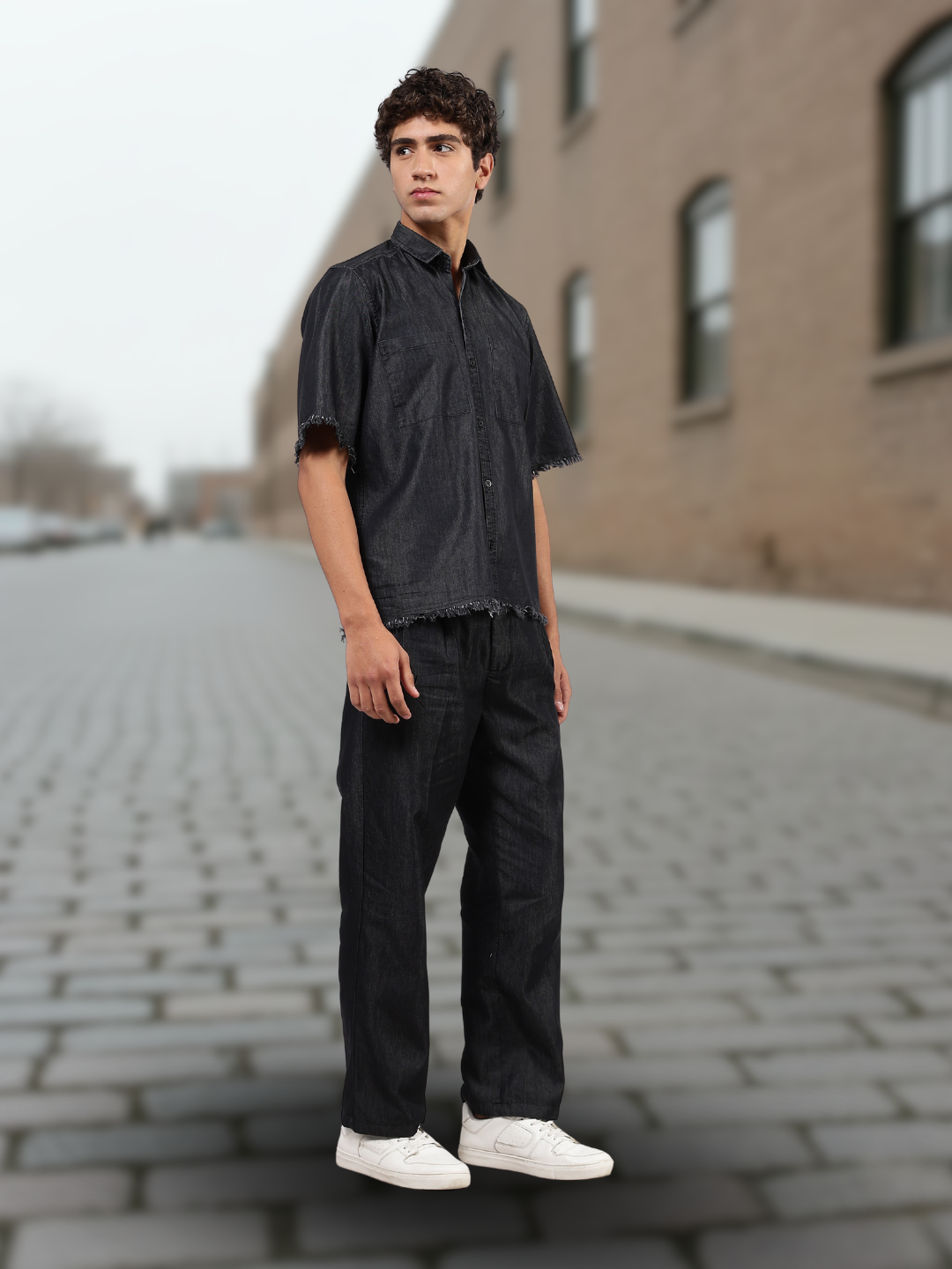 Co-Ord Set Black Premium Denim Gurkha Pant & Half Sleeve Shirt Relaxed Fit