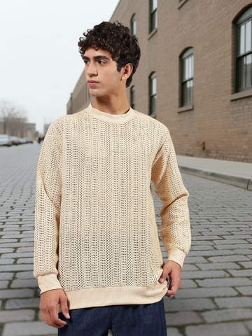 Beige Oversized Fit Premium Cotton Crochet Pullover