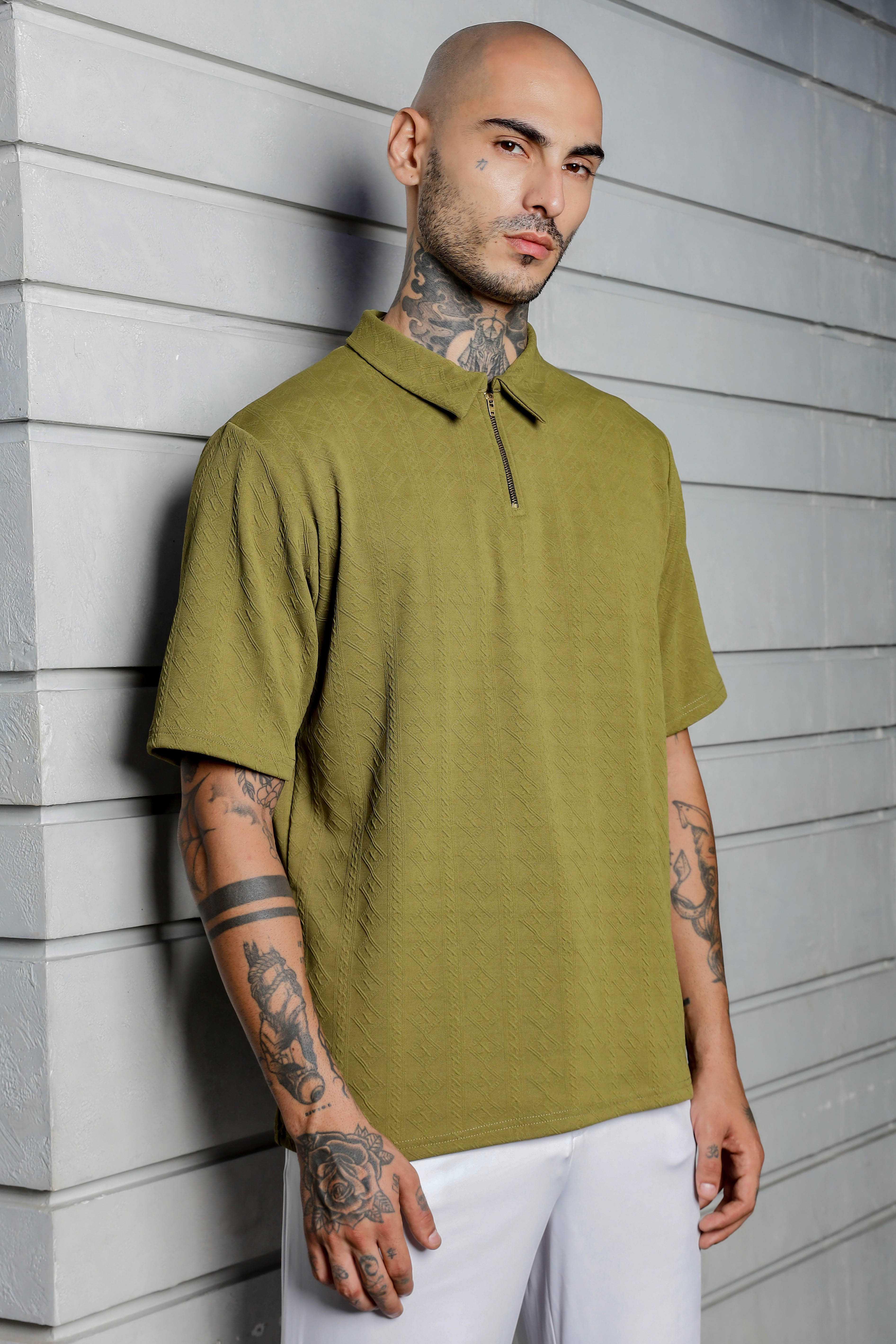Unisex Olive Textured Oversized Polo Neck Tee & Shorts Co-ord Set