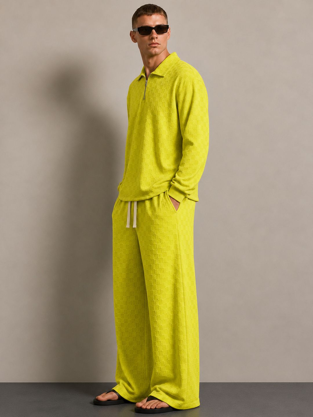 Lime Green Textured Oversized Full Sleeve Polo Neck Tee & Trackpant Co-ord Set