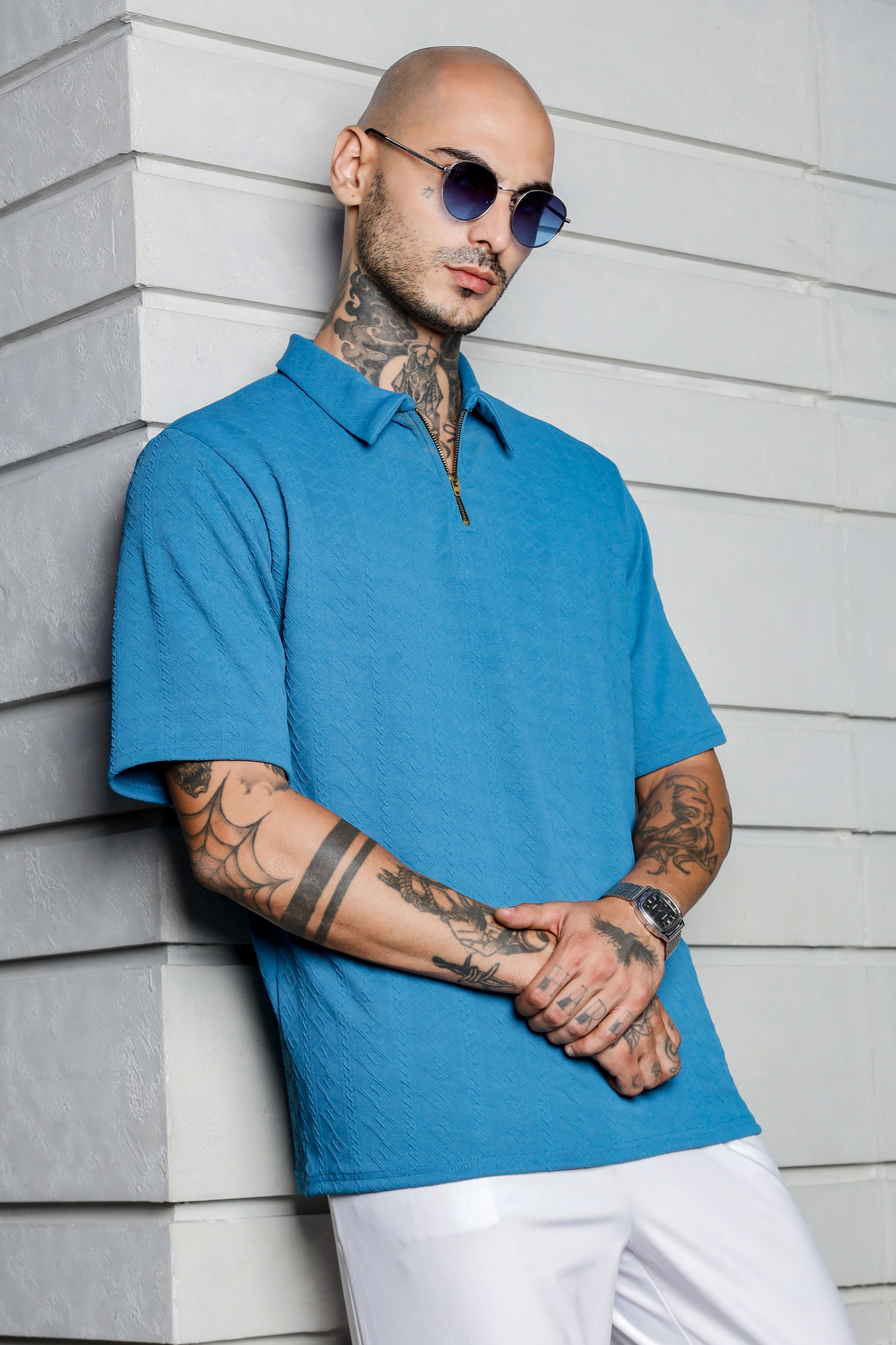 Unisex Blue Textured Polo Neck Oversized T-shirt