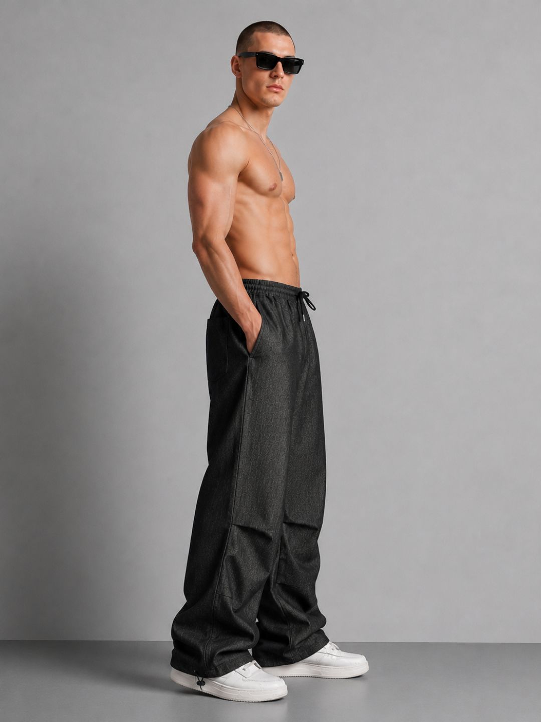 Black Relaxed Fit Drawstring Premium Denim Parachute Cargo