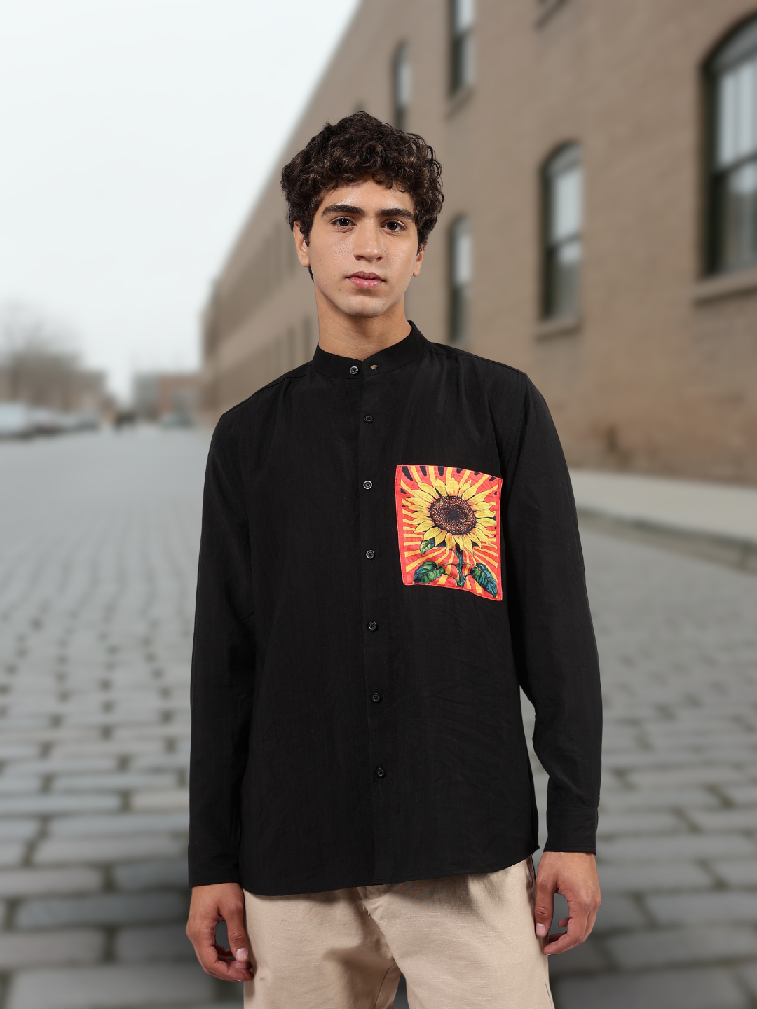 Black Mandarin Collar Pure Viscose Relaxed Fit Shirt 2.0