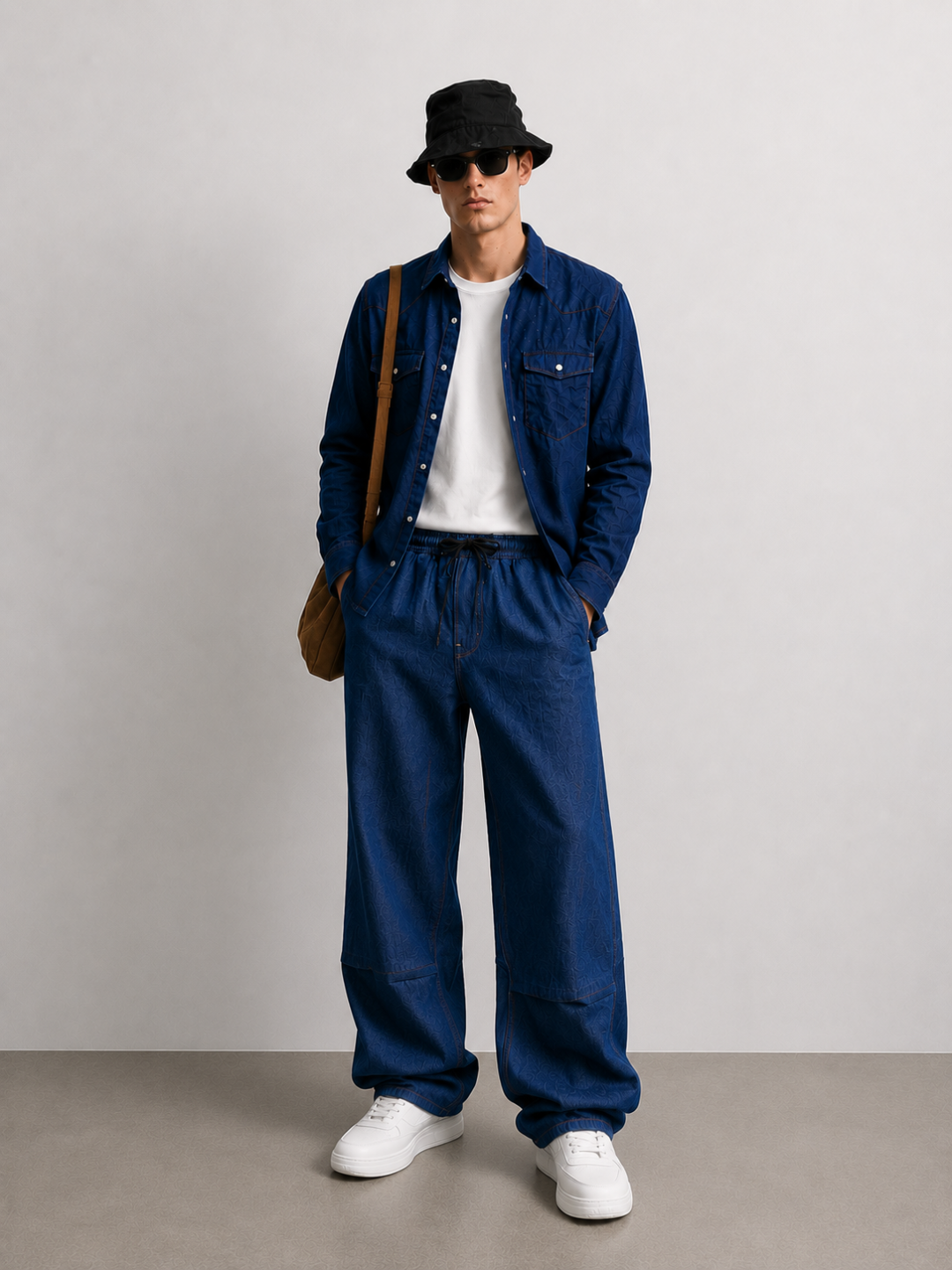 Denim Co-ord Set Navy Blue Parachute Baggy Denim Pant & Full Shirt Relaxed Fit