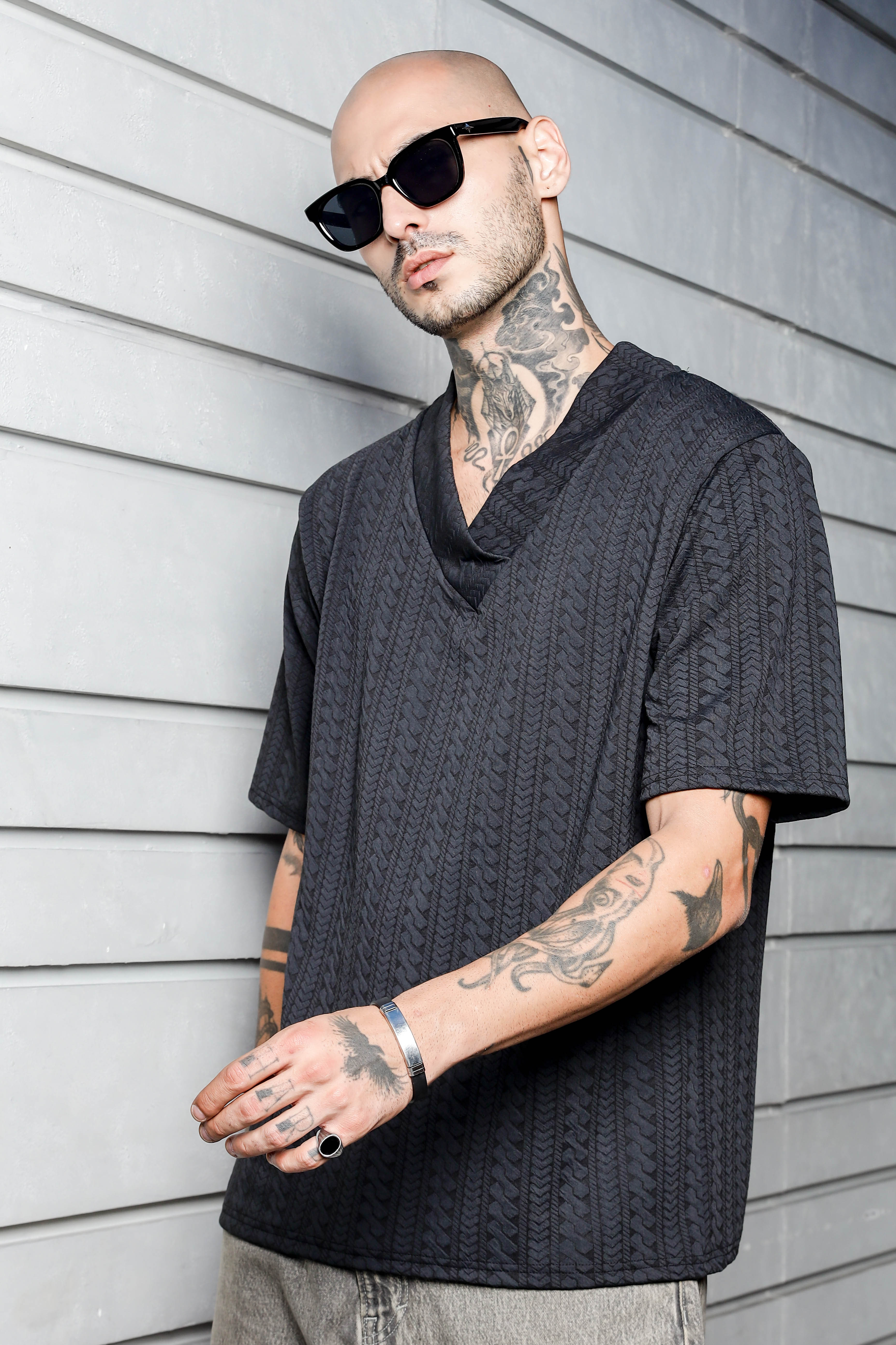 Unisex Black Textured V-Neck Oversized T-shirt