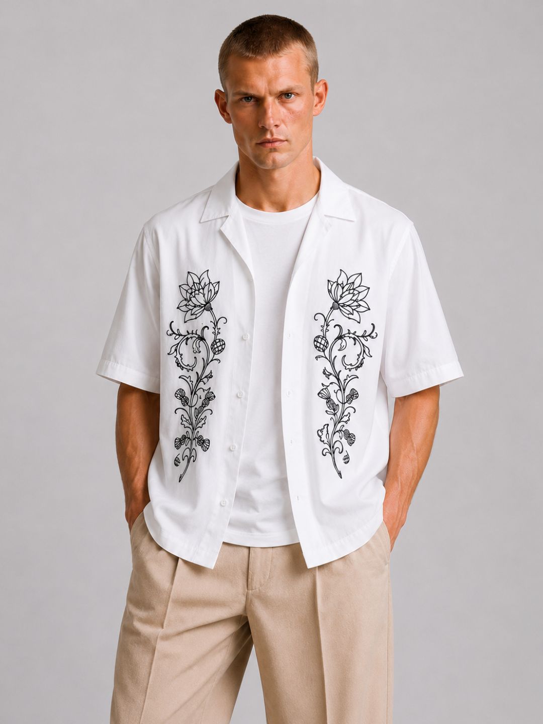 White Embroidered Relaxed Fit Oversized Half Sleeve Casual Resort Shirt