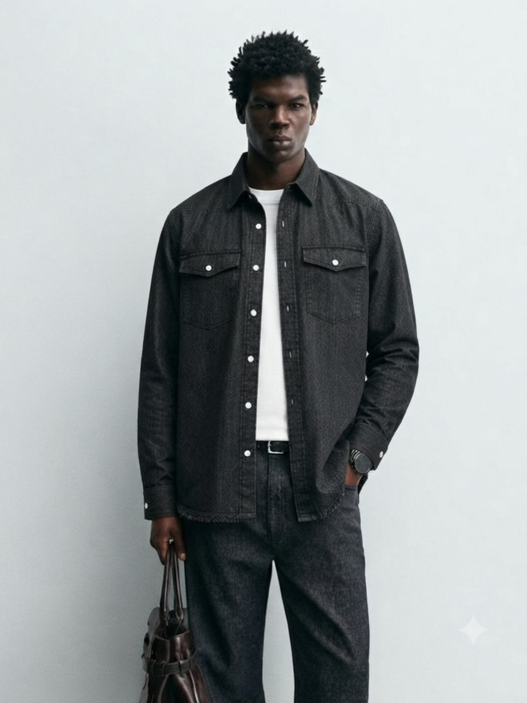 Black Raw Edge Oversized Relaxed Fit Full Sleeve Spread Collar Premium Denim Shirt
