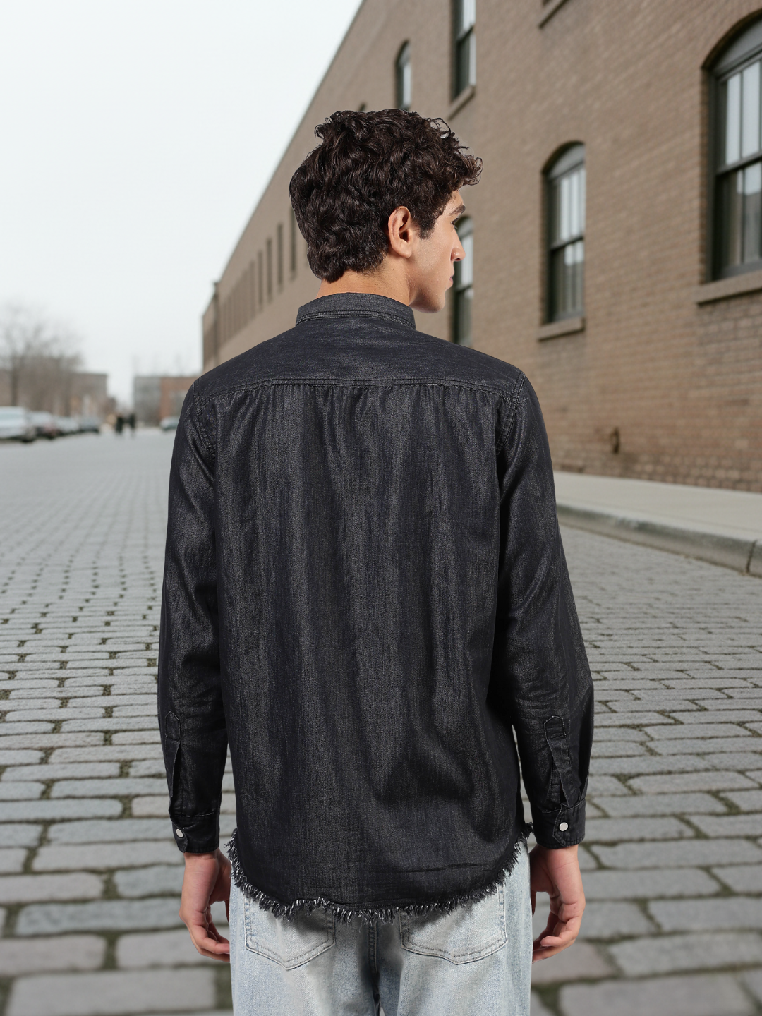 Black Raw Edge Oversized Relaxed Fit Full Sleeve Spread Collar Premium Denim Shirt