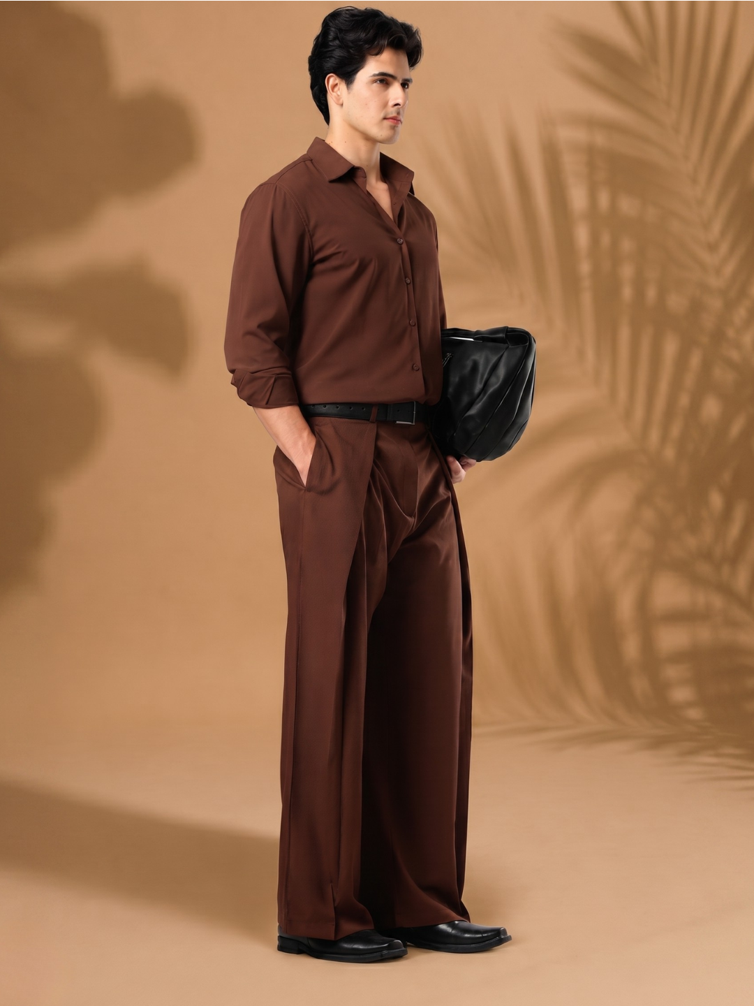 Brown Wide Leg Samurai Trousers with Pleated Front