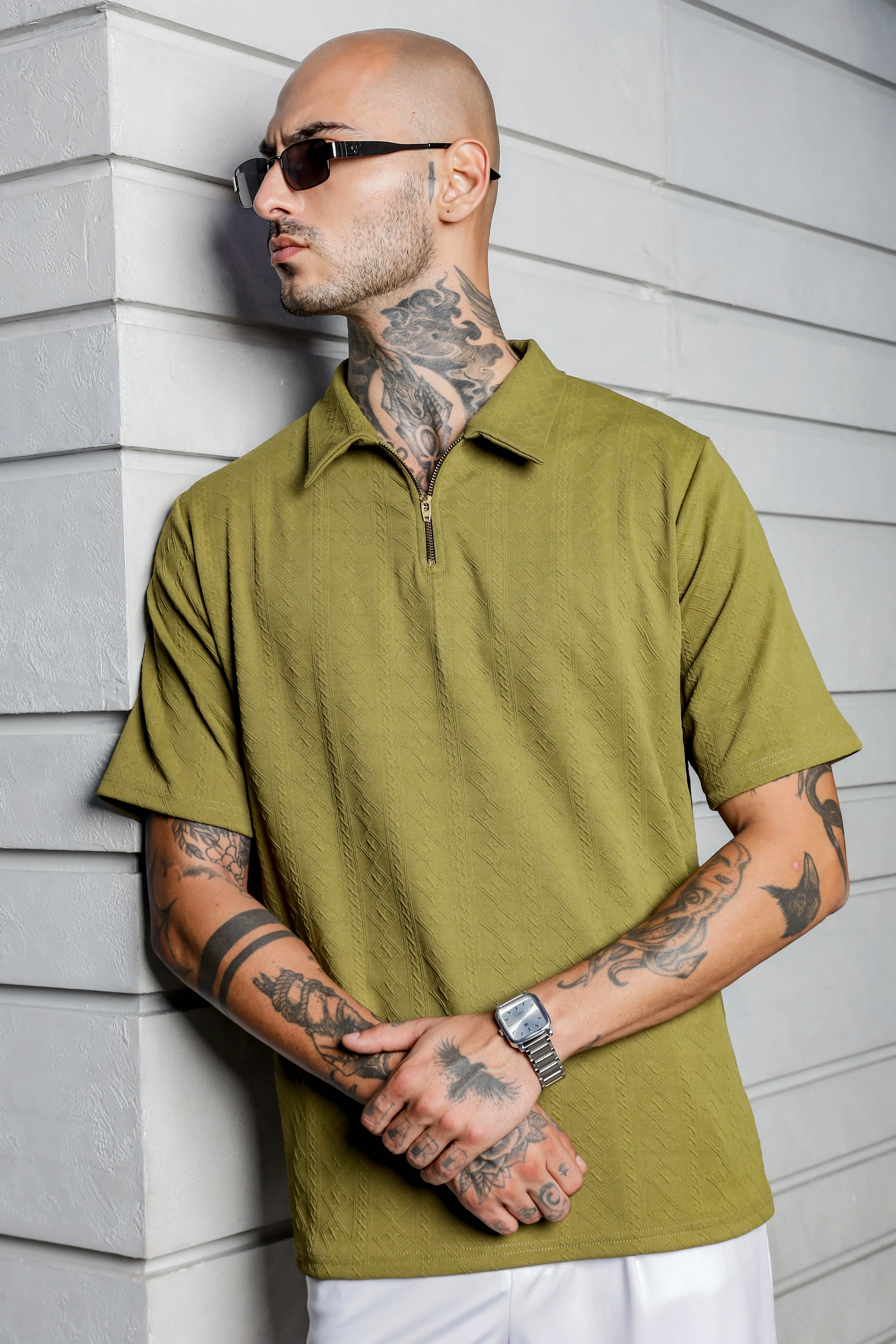 Unisex Olive Textured Polo Neck Oversized T-shirt