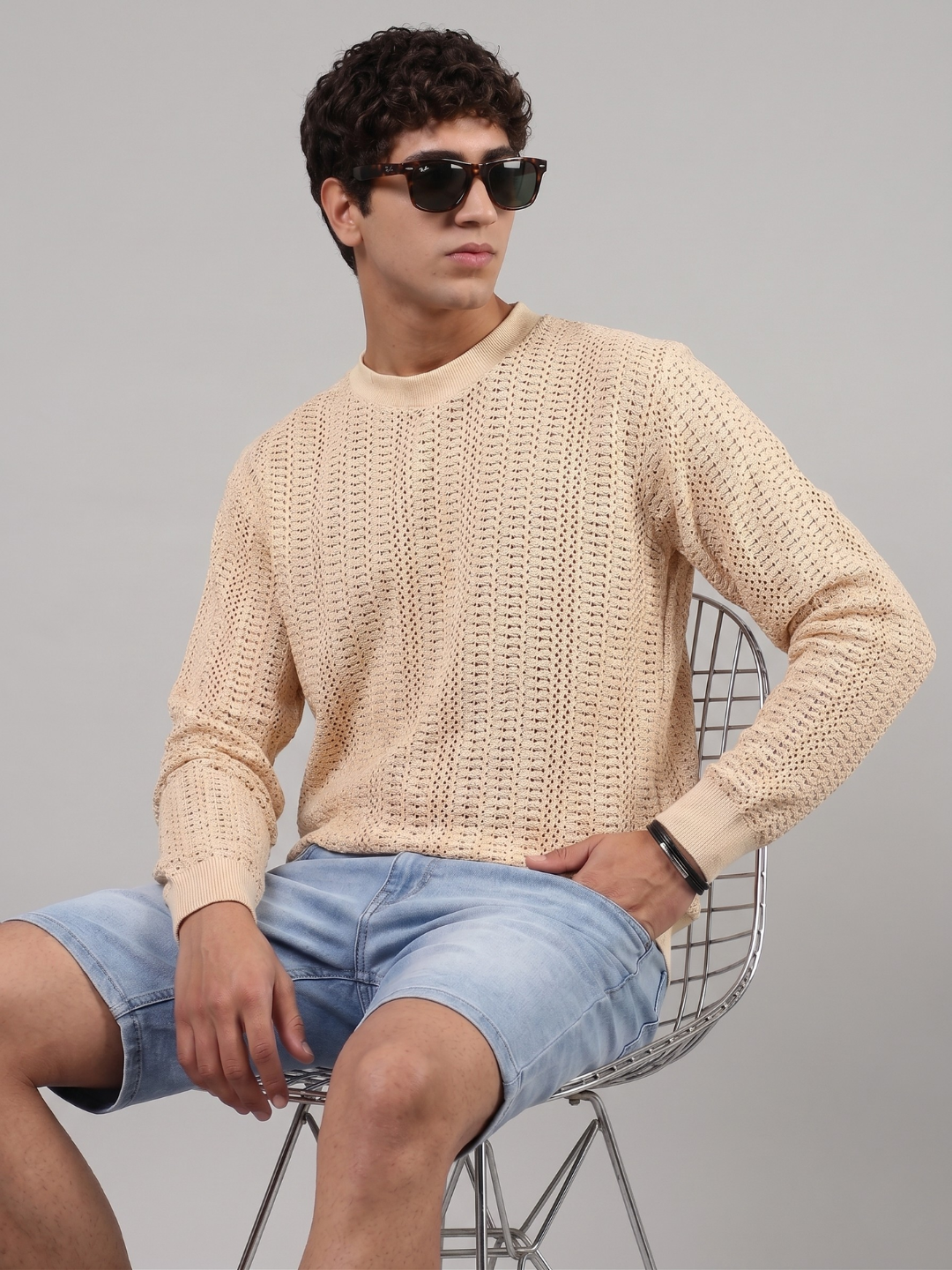 Beige Oversized Fit Premium Pure Cotton Crochet T-Shirt