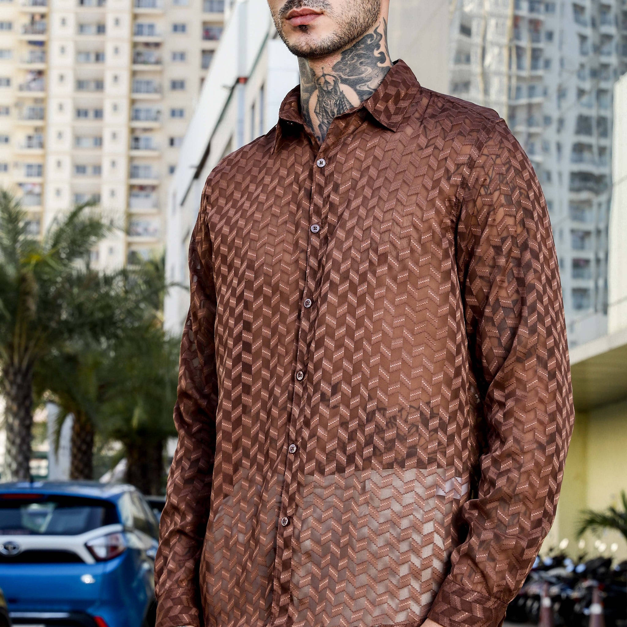Brown Classic Semi Sheer Georgette Relaxed Fit Shirt